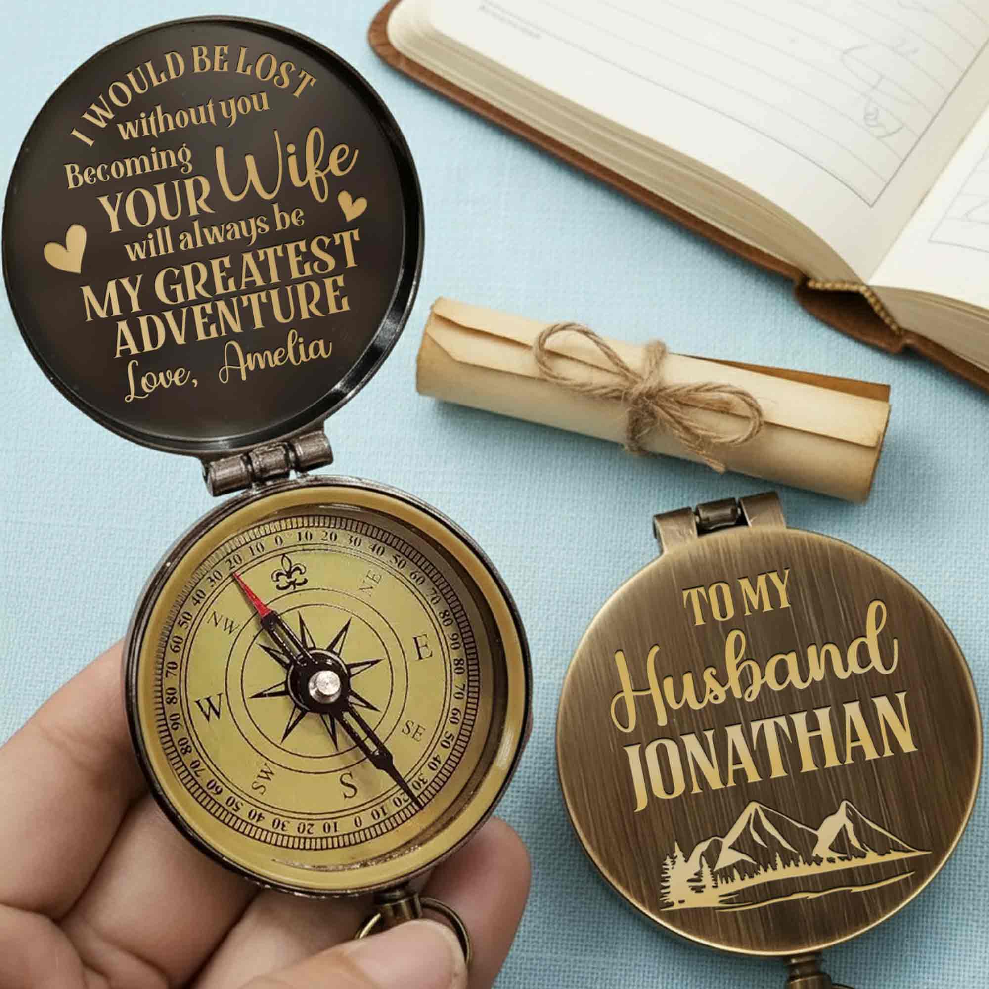 Personalized Engraved Brass Compass Custom Gift for Husband