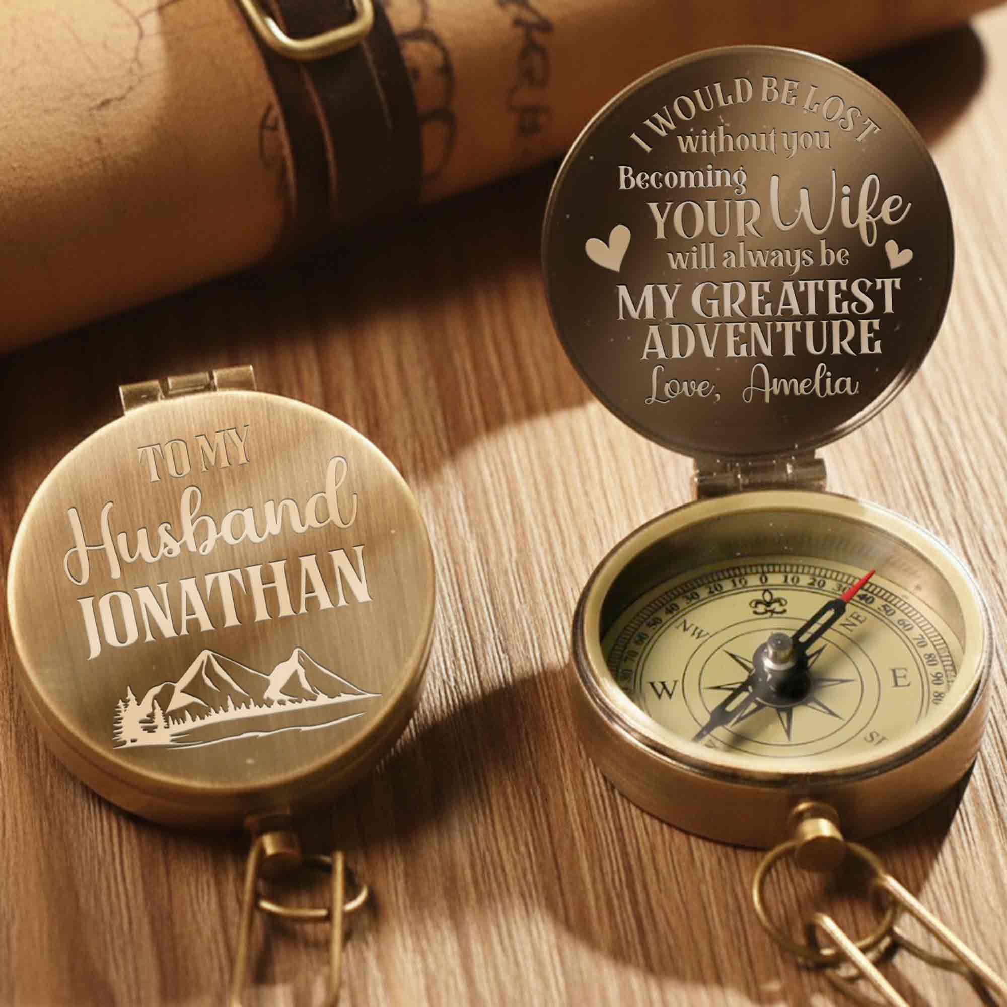 Personalized Engraved Brass Compass Custom Gift for Husband