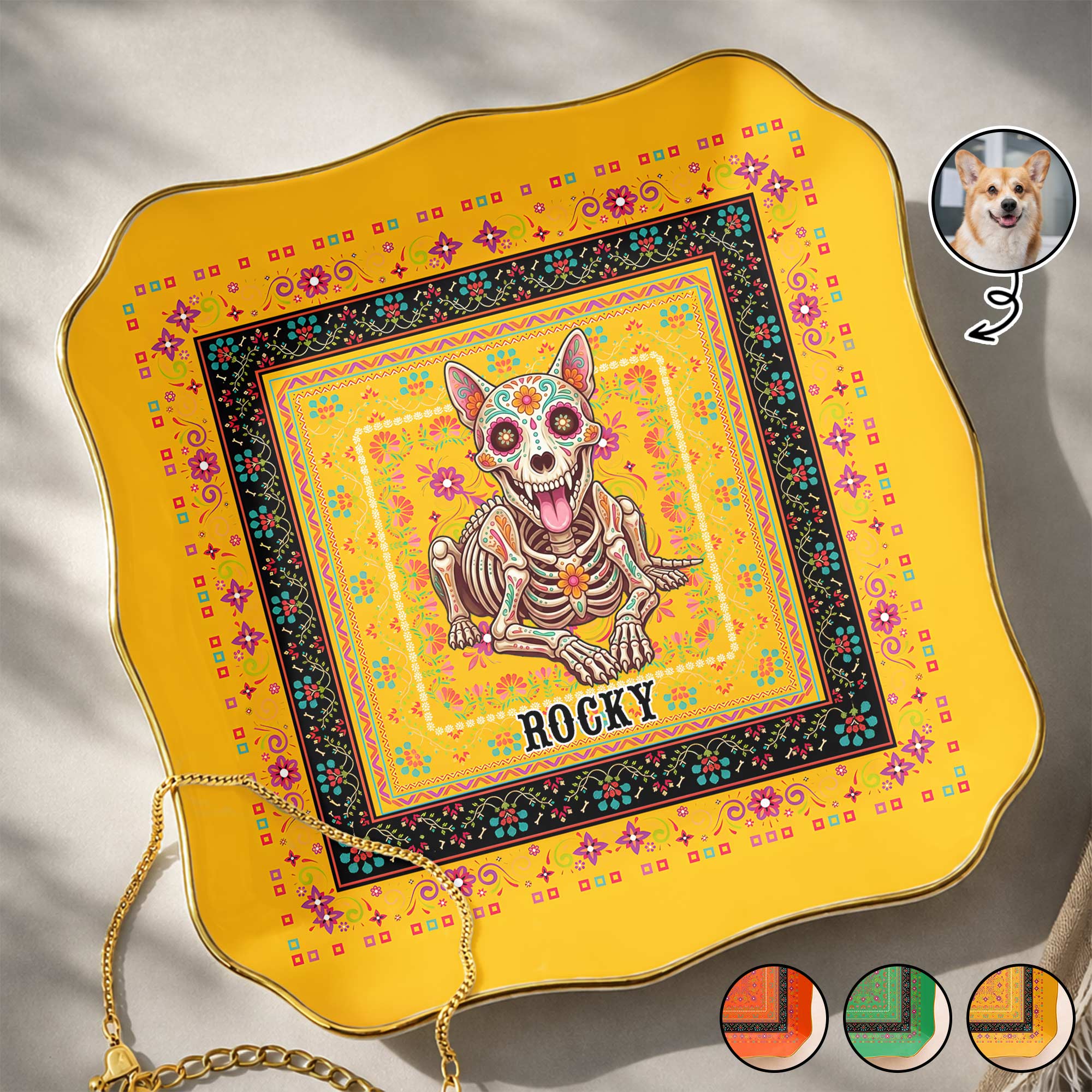Personalized Sugar Skull Jewelry Dish Custom Name Ring Holder for Dog Lovers