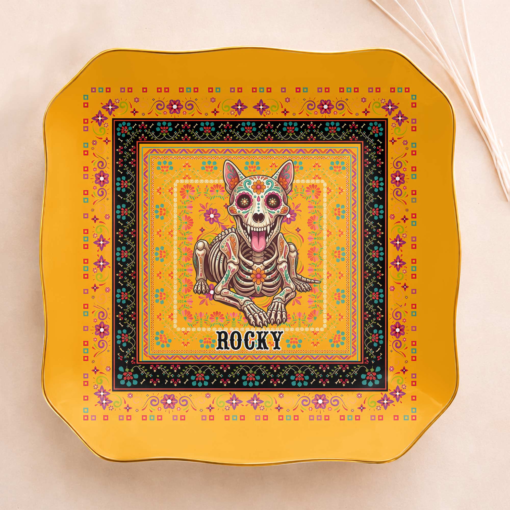 Personalized Sugar Skull Jewelry Dish Custom Name Ring Holder for Dog Lovers