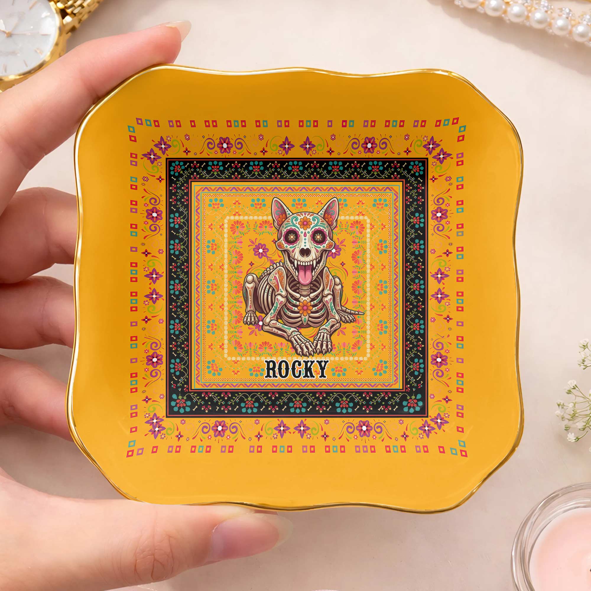 Personalized Sugar Skull Jewelry Dish Custom Name Ring Holder for Dog Lovers
