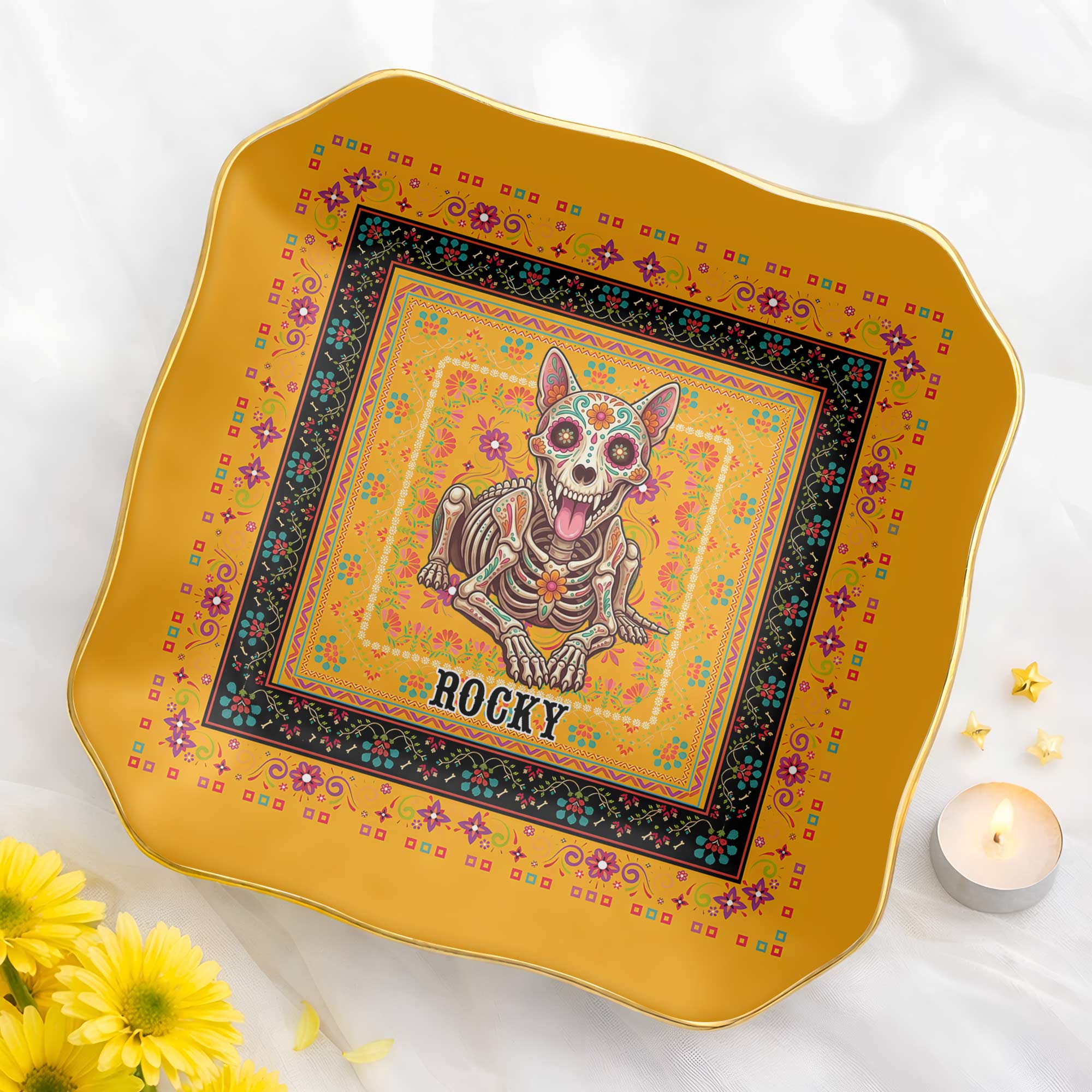 Personalized Sugar Skull Jewelry Dish Custom Name Ring Holder for Dog Lovers