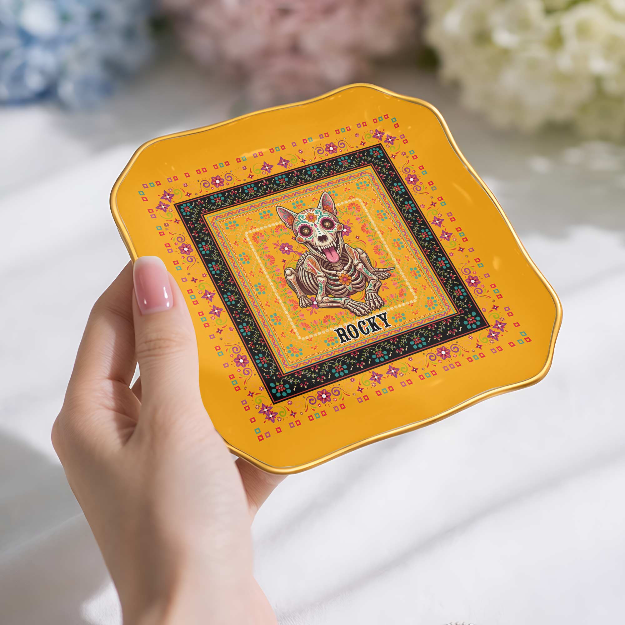 Personalized Sugar Skull Jewelry Dish Custom Name Ring Holder for Dog Lovers
