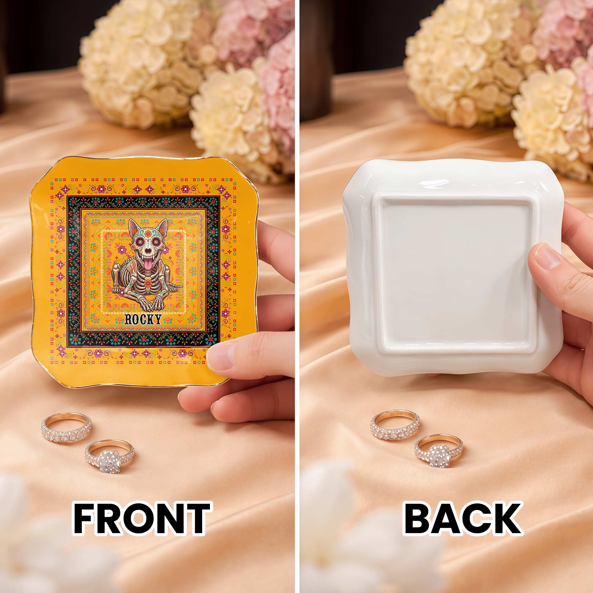 Personalized Sugar Skull Jewelry Dish Custom Name Ring Holder for Dog Lovers