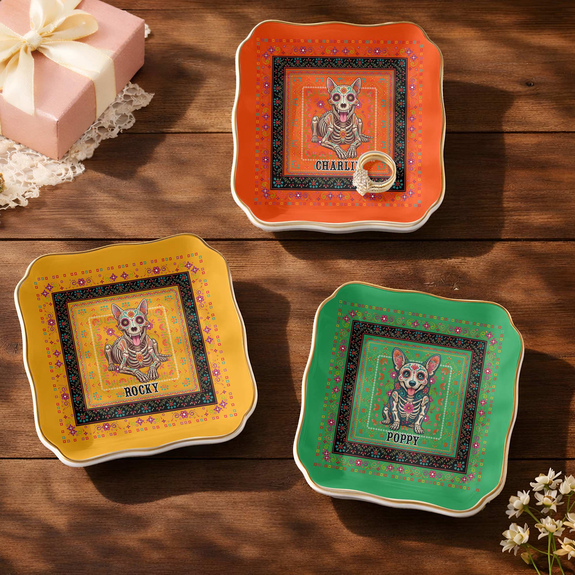 Personalized Sugar Skull Jewelry Dish Custom Name Ring Holder for Dog Lovers