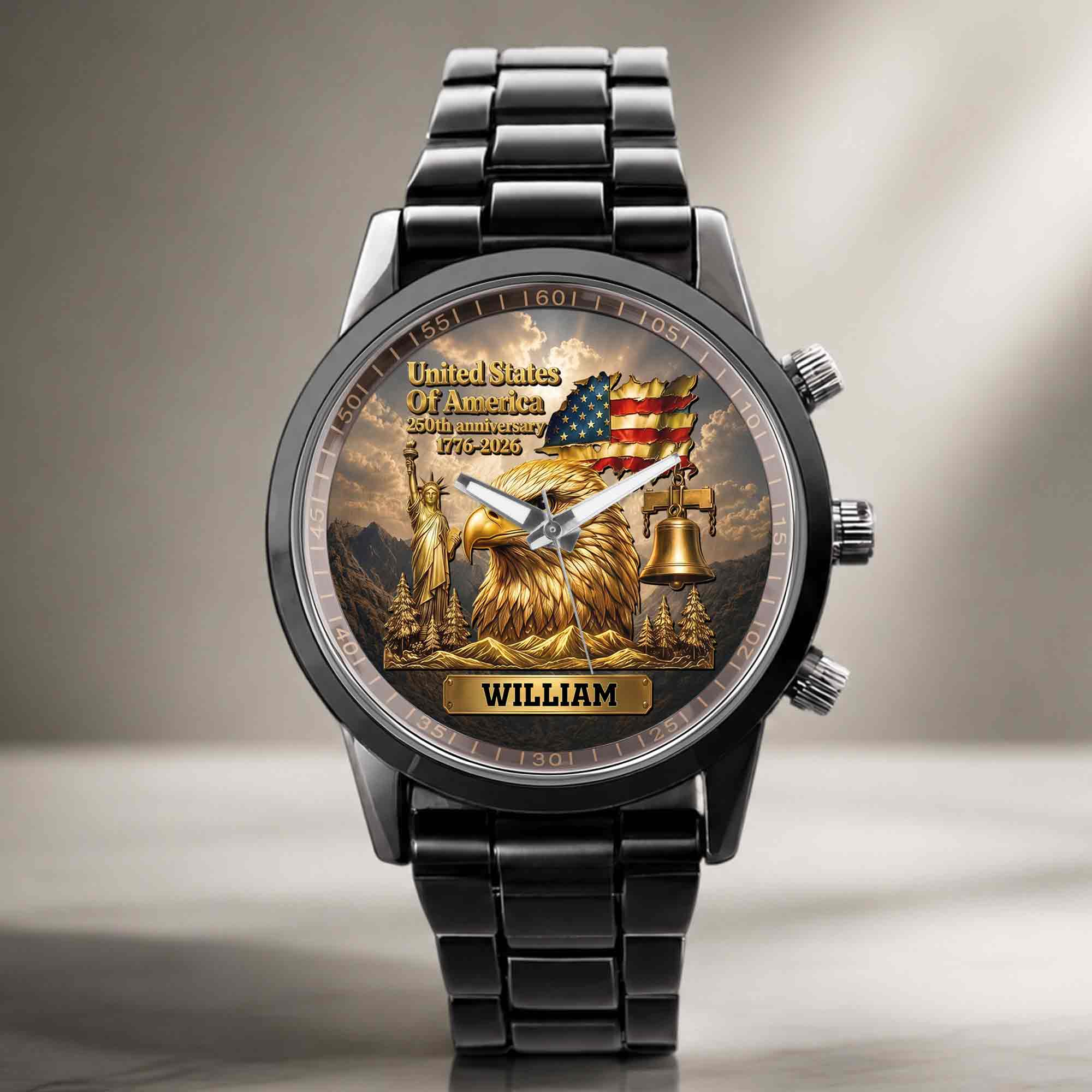 Personalized Men's Watch Custom Name Eagle US Flag Gift for Dad
