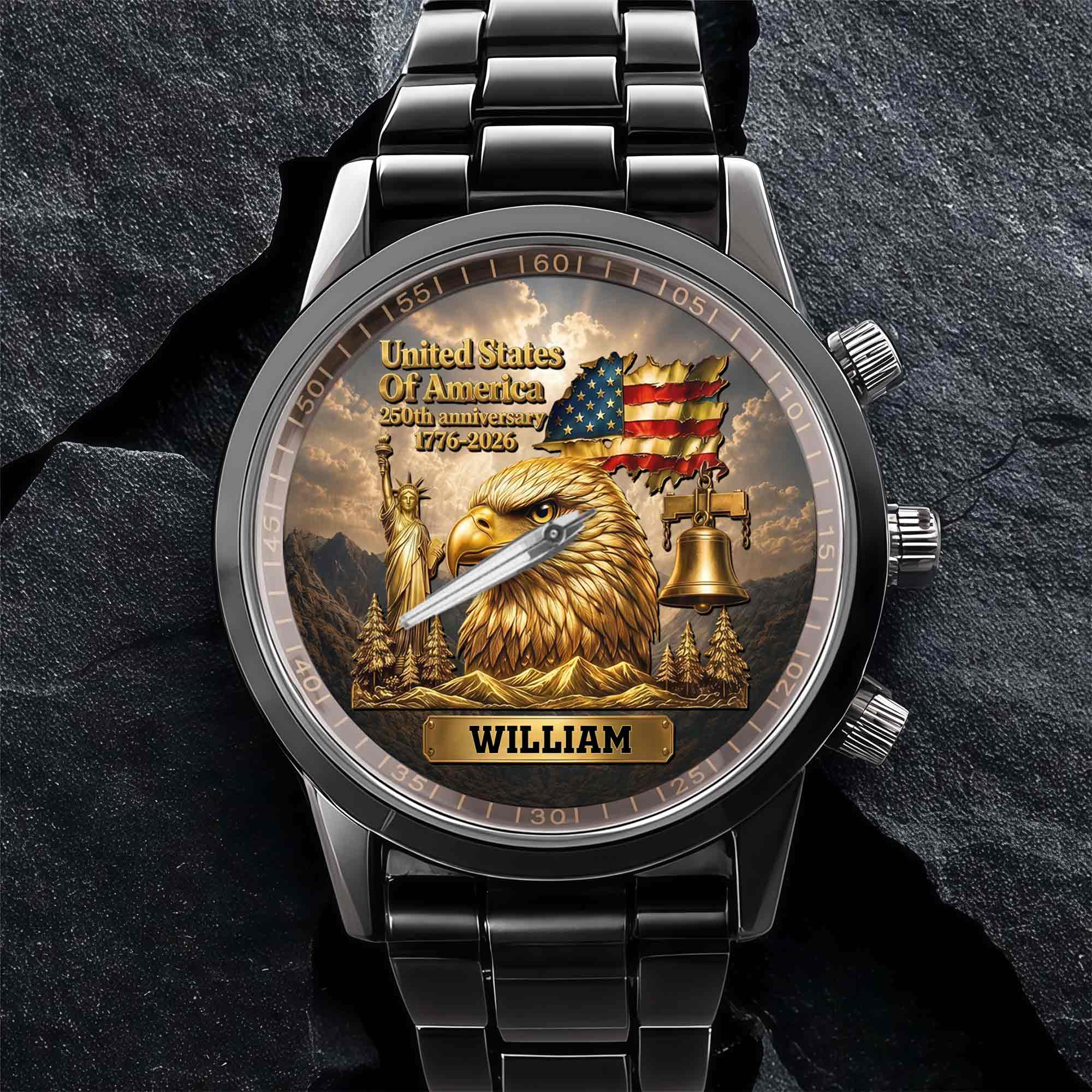 Personalized Men's Watch Custom Name Eagle US Flag Gift for Dad