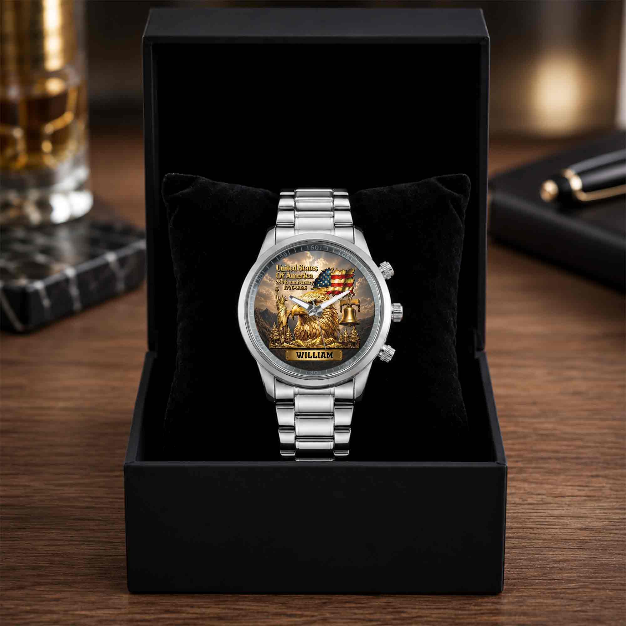 Personalized Men's Watch Custom Name Eagle US Flag Gift for Dad