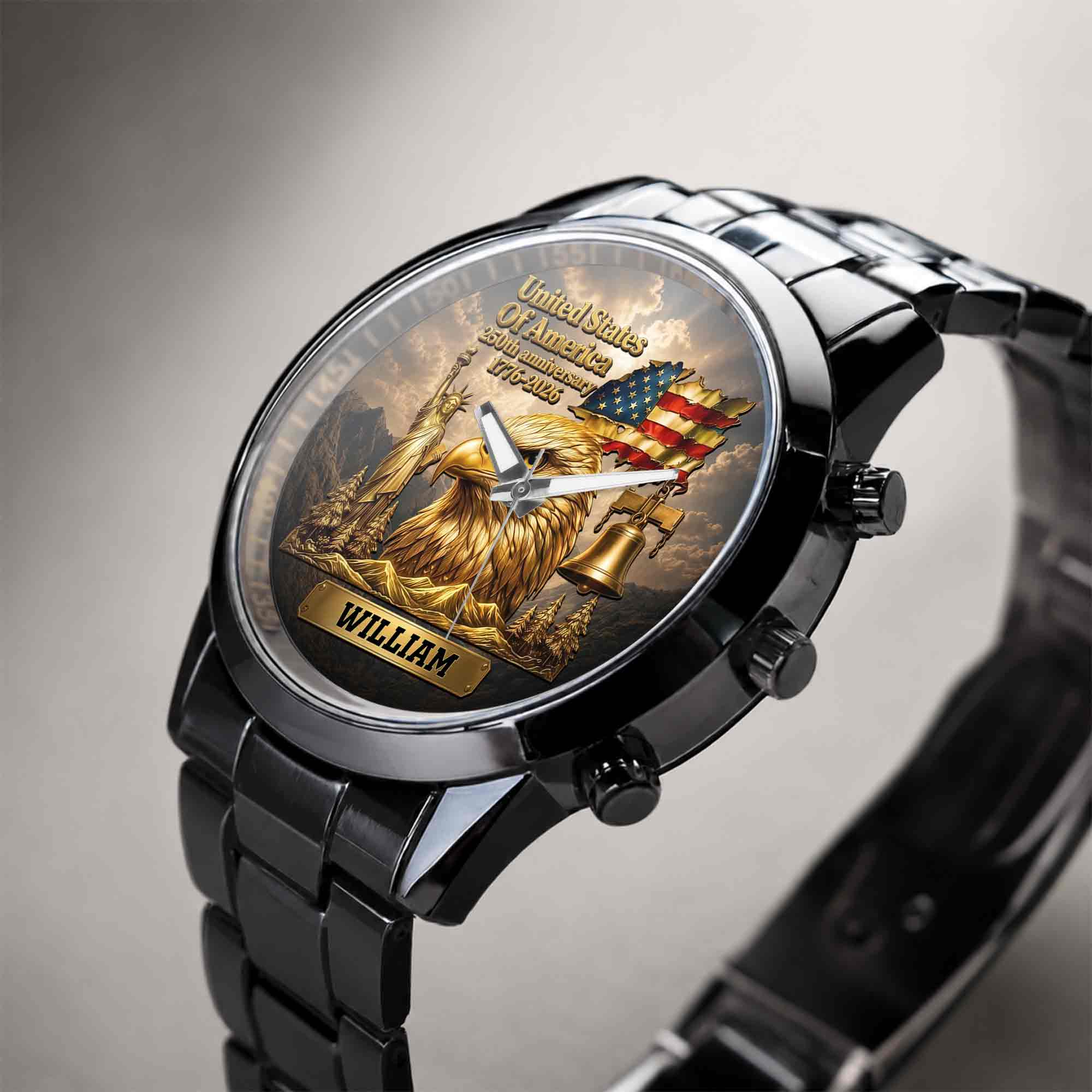 Personalized Men's Watch Custom Name Eagle US Flag Gift for Dad