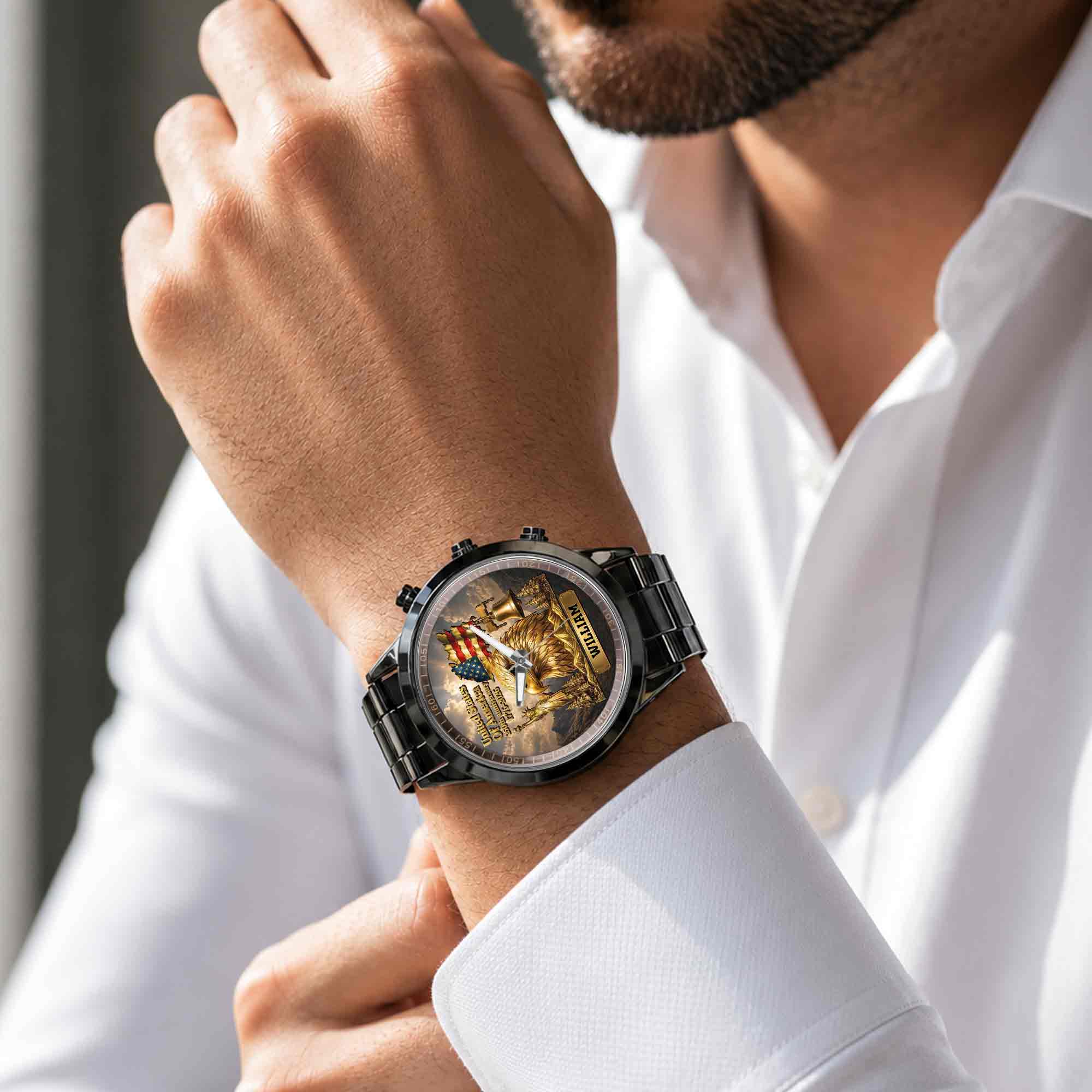 Personalized Men's Watch Custom Name Eagle US Flag Gift for Dad