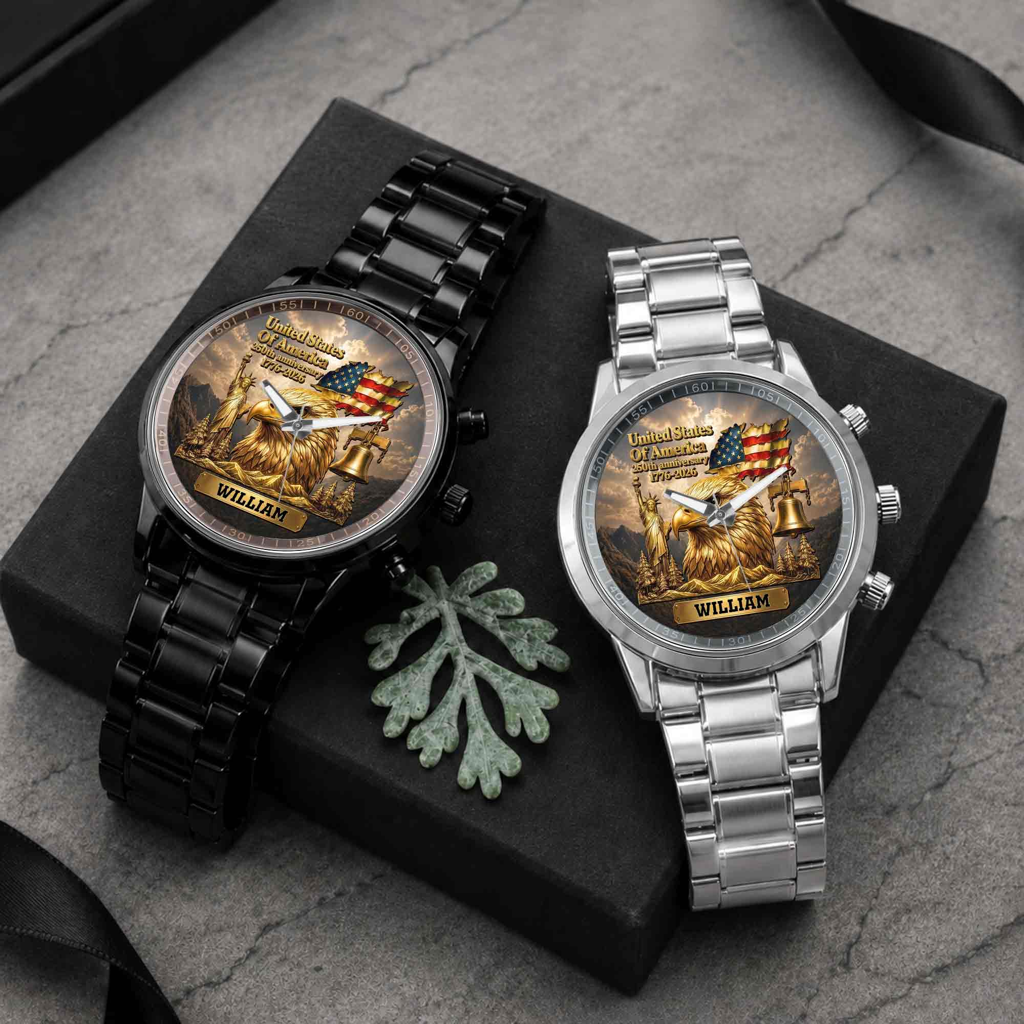 Personalized Men's Watch Custom Name Eagle US Flag Gift for Dad
