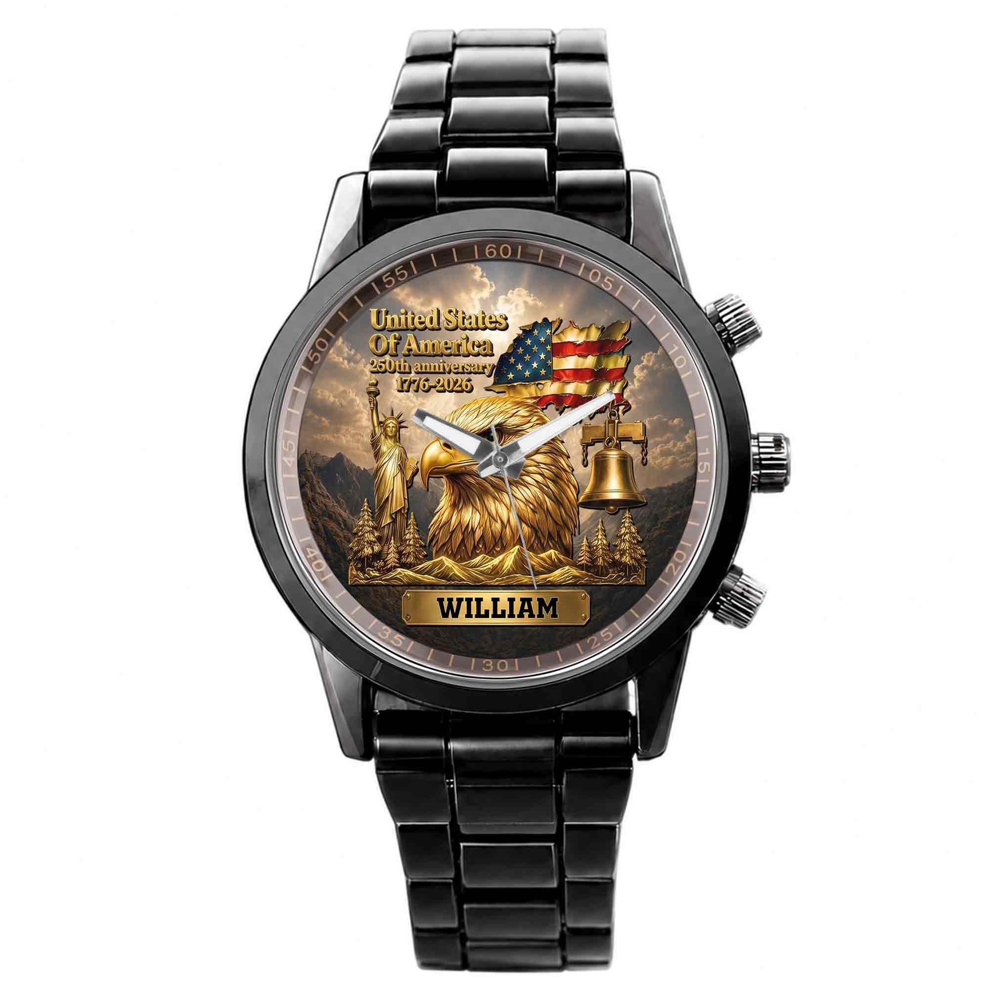 Personalized Men's Watch Custom Name Eagle US Flag Gift for Dad