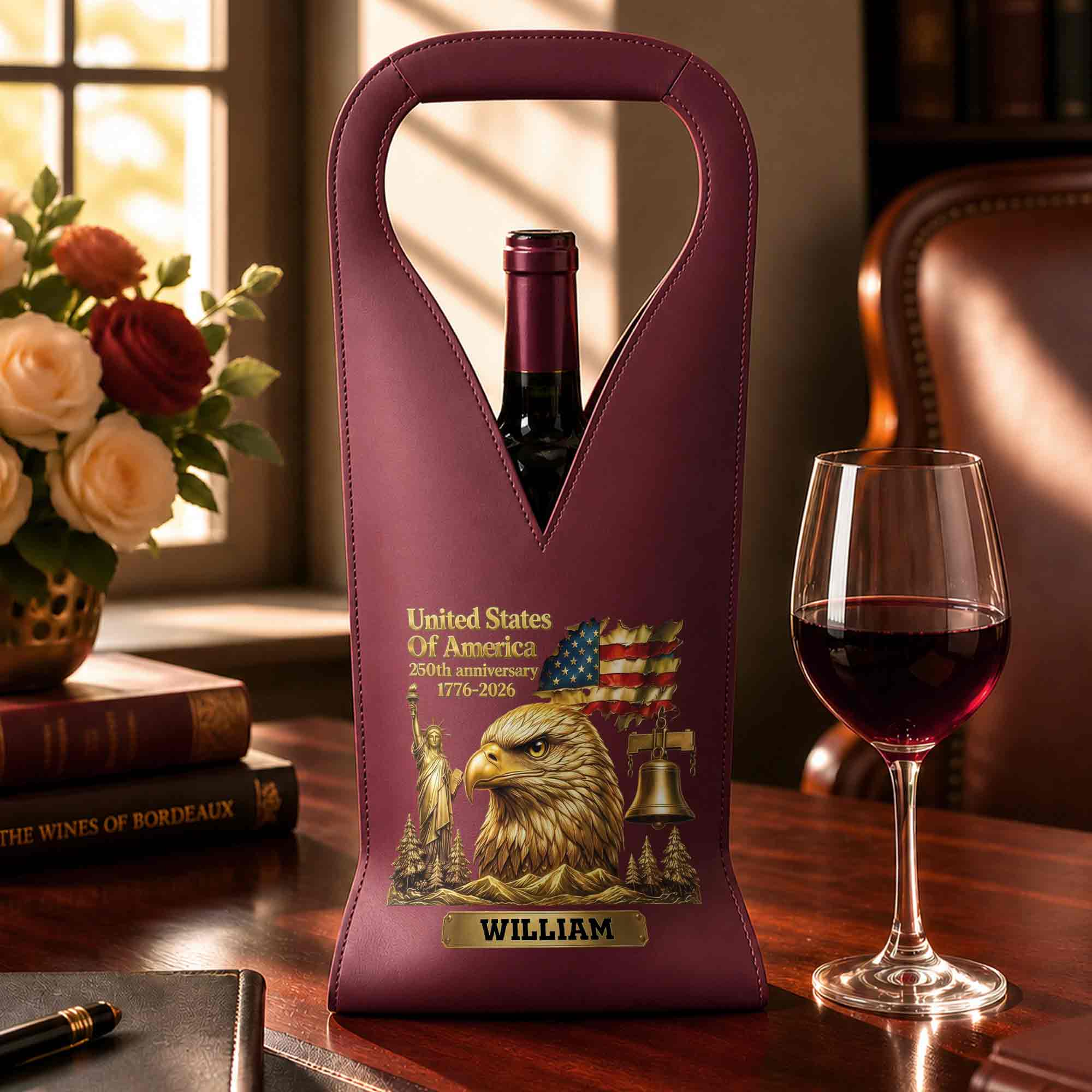 Personalized Leather Wine Bag Custom Name Gift for Dad 4th of July