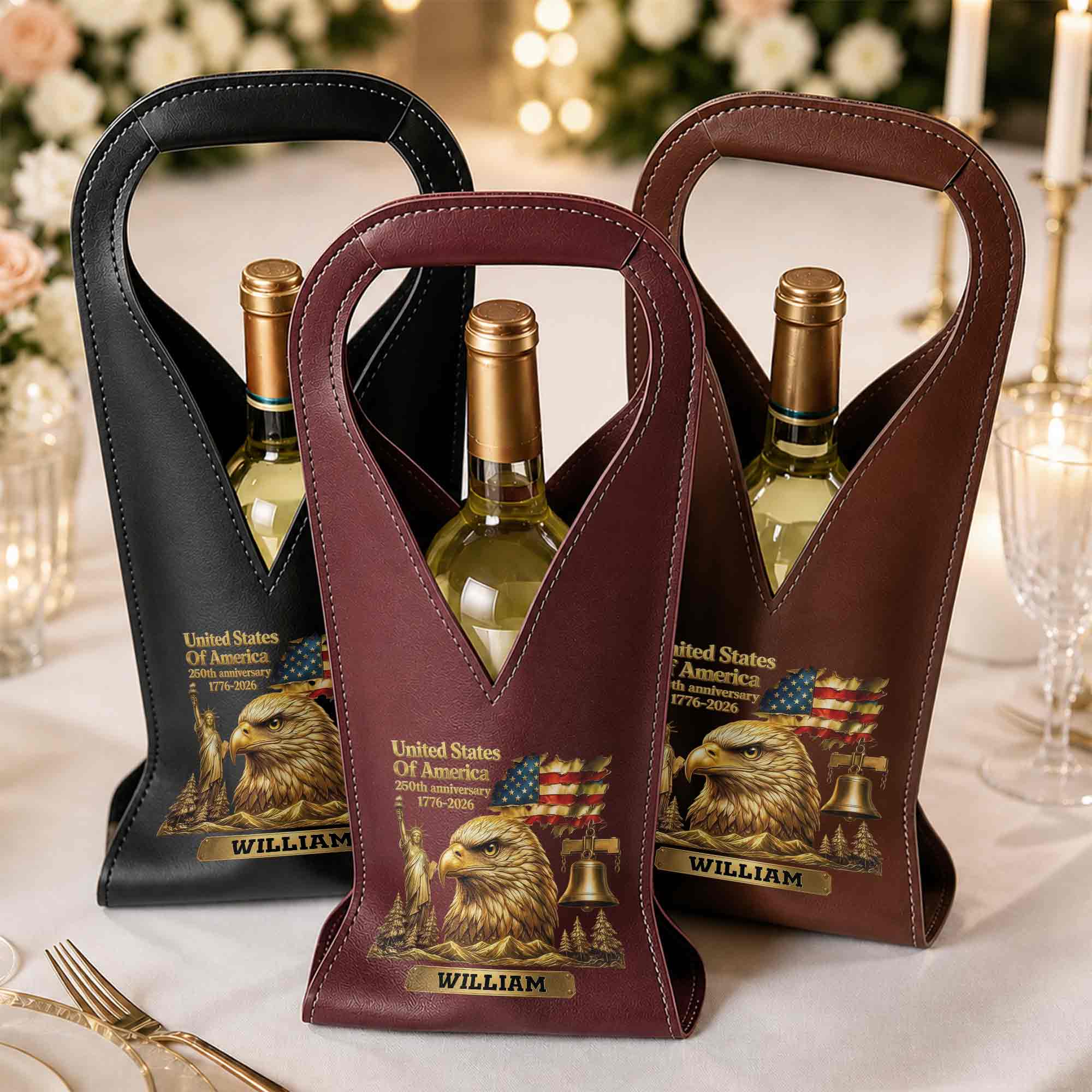 Personalized Leather Wine Bag Custom Name Gift for Dad 4th of July