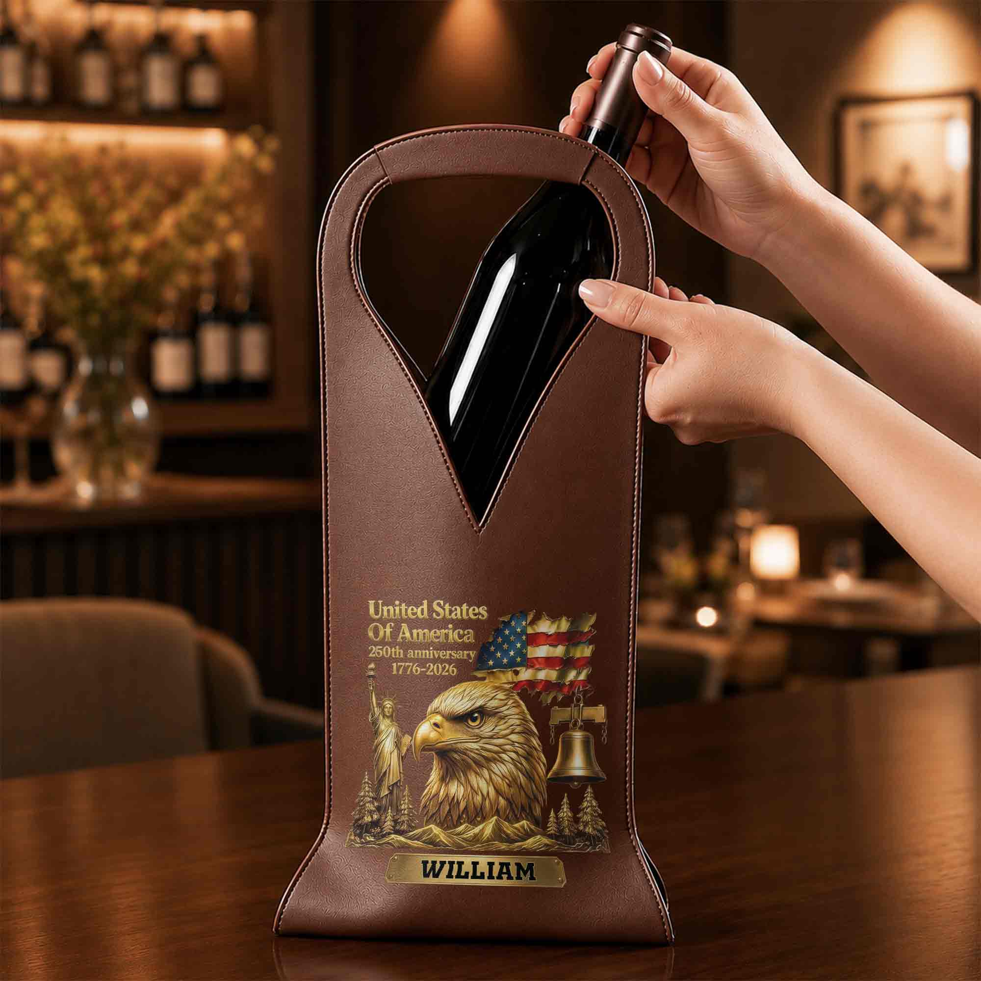 Personalized Leather Wine Bag Custom Name Gift for Dad 4th of July