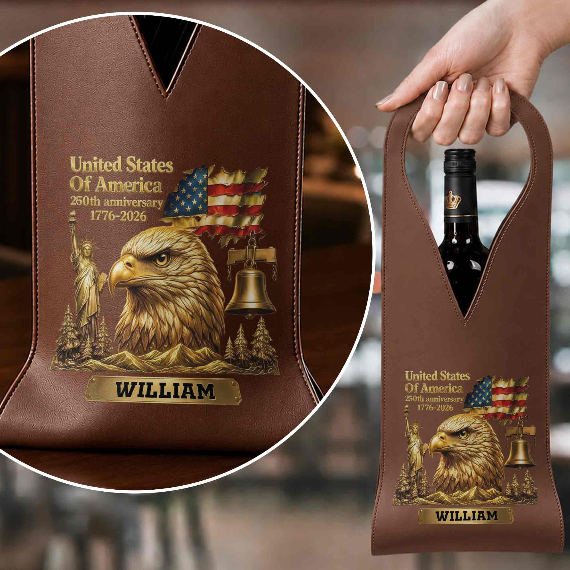 Personalized Leather Wine Bag Custom Name Gift for Dad 4th of July
