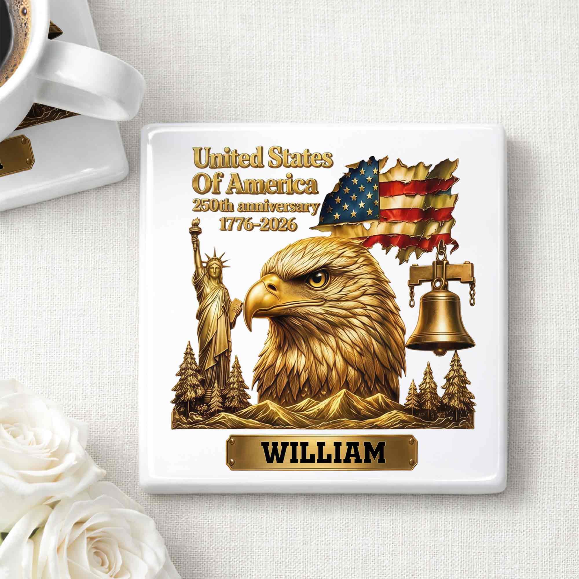 Personalized Square Ceramic Coaster USA 250th Anniversary Gift for Dad
