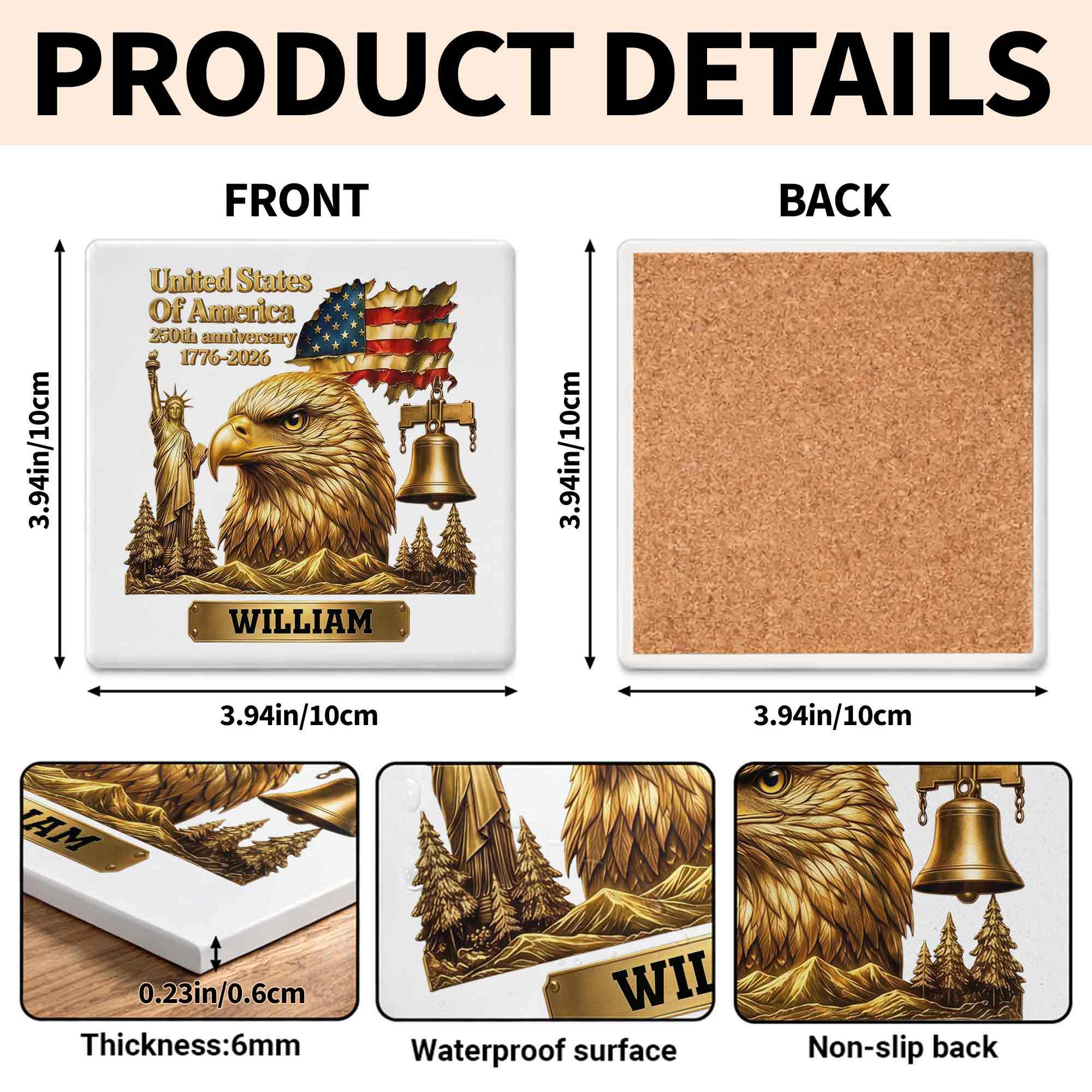 Personalized Square Ceramic Coaster USA 250th Anniversary Gift for Dad