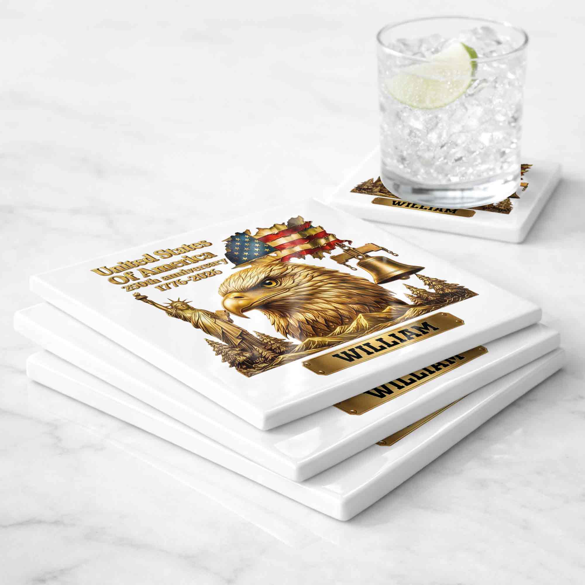 Personalized Square Ceramic Coaster USA 250th Anniversary Gift for Dad