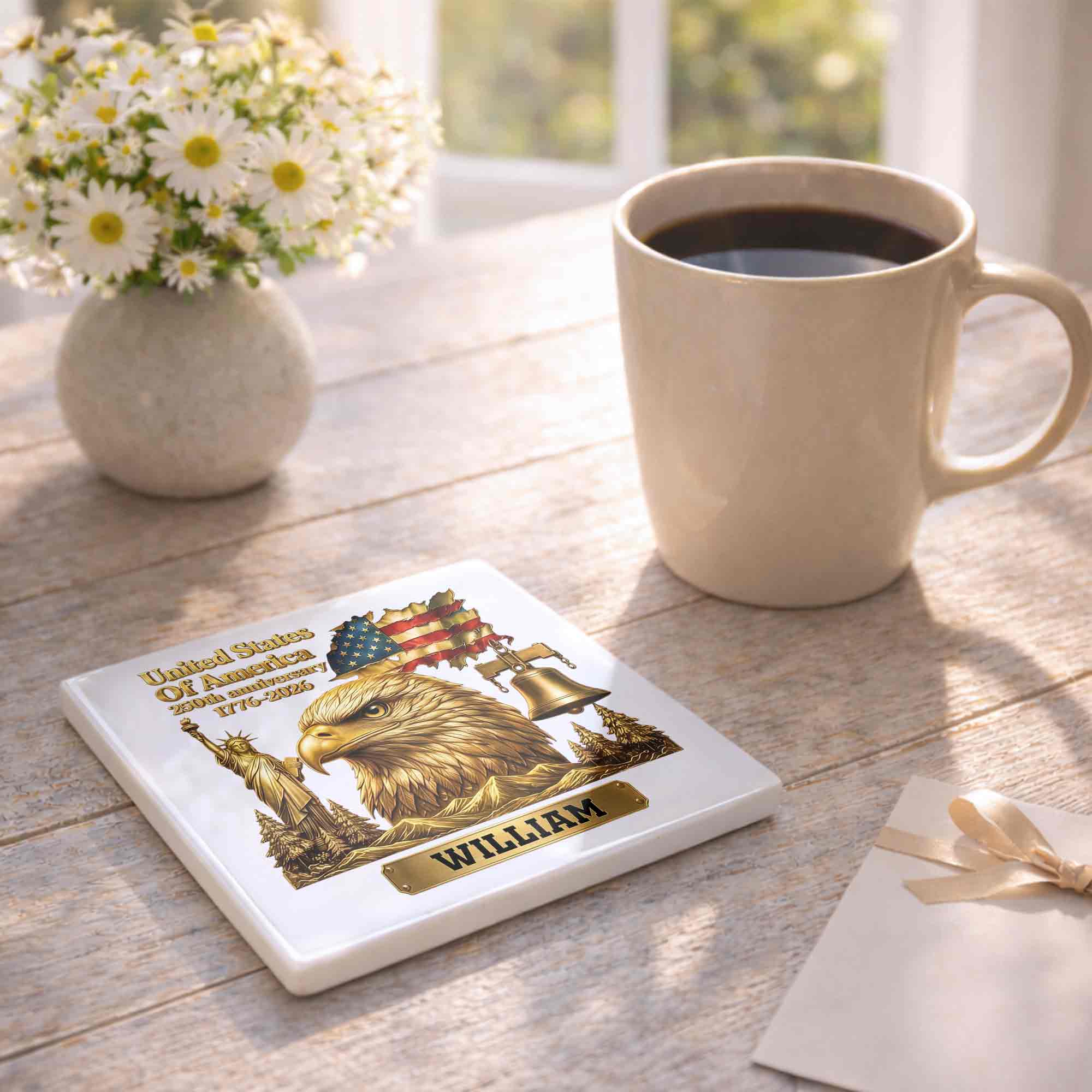 Personalized Square Ceramic Coaster USA 250th Anniversary Gift for Dad