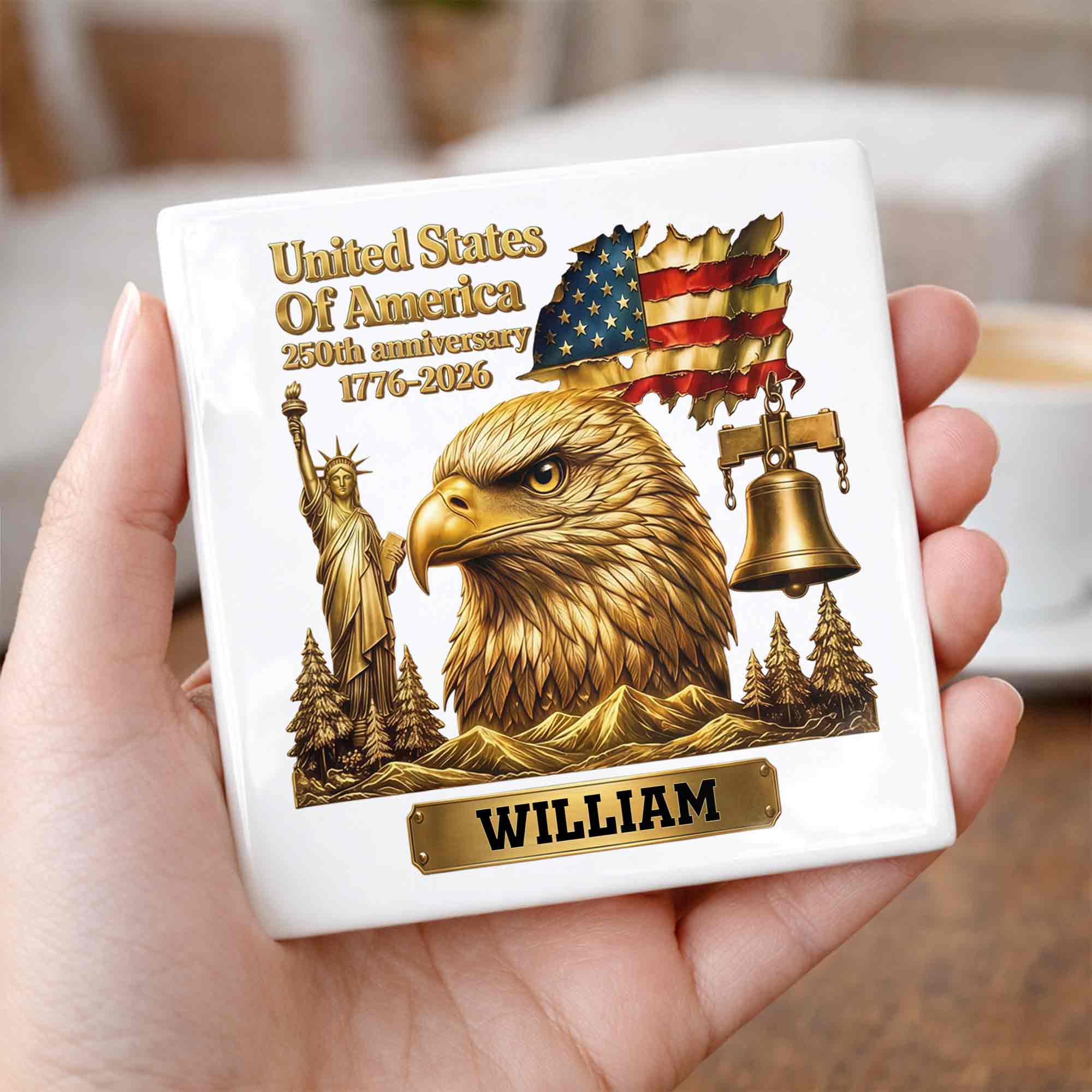 Personalized Square Ceramic Coaster USA 250th Anniversary Gift for Dad
