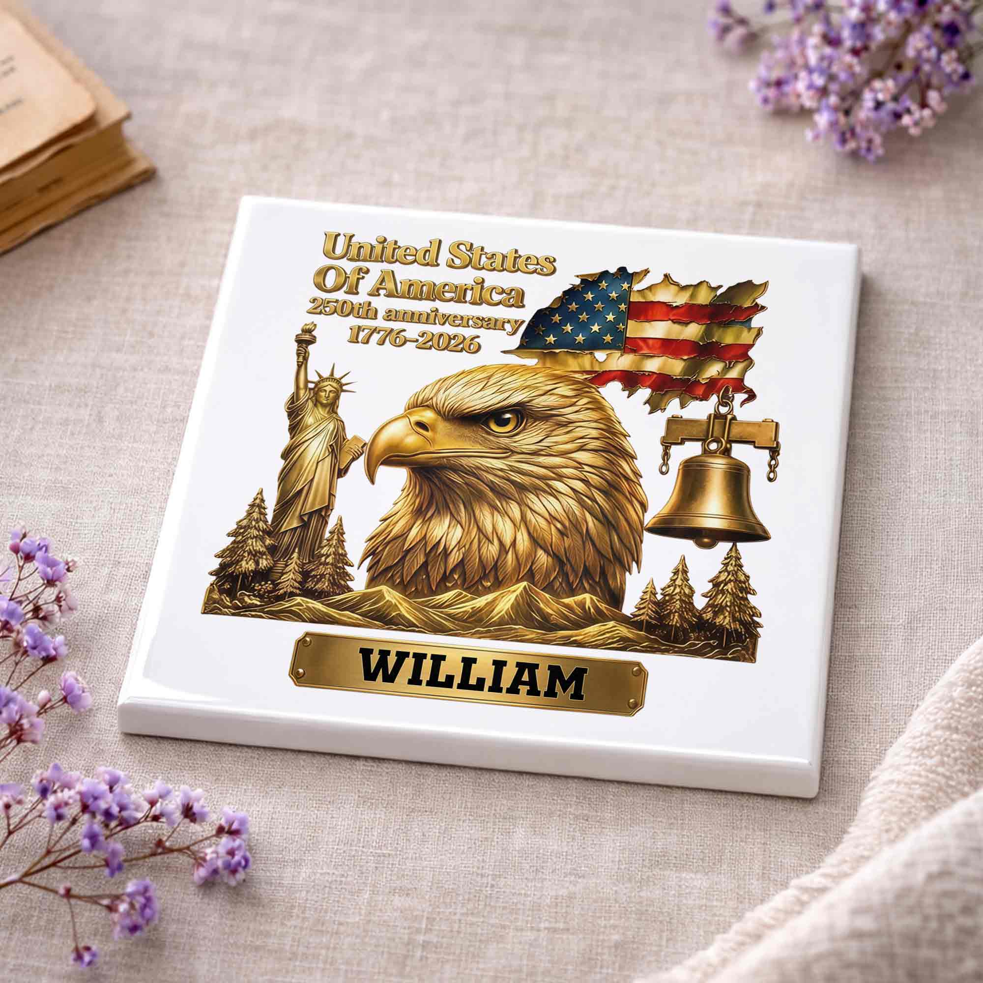 Personalized Square Ceramic Coaster USA 250th Anniversary Gift for Dad