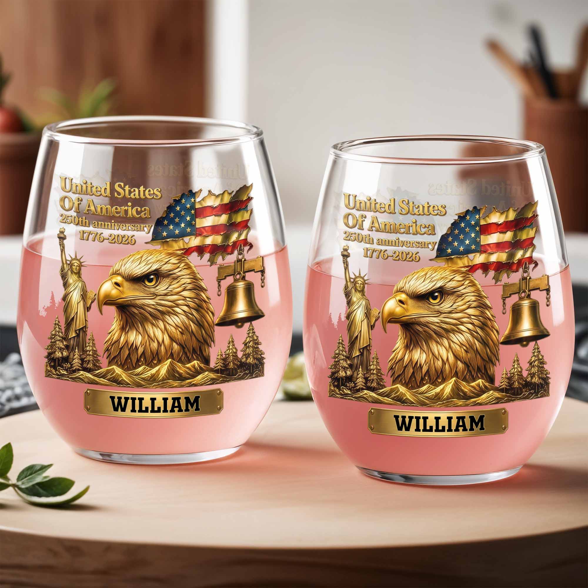 Personalized 15oz Stemless Wine Glass Eagle Flag Gift for Dad