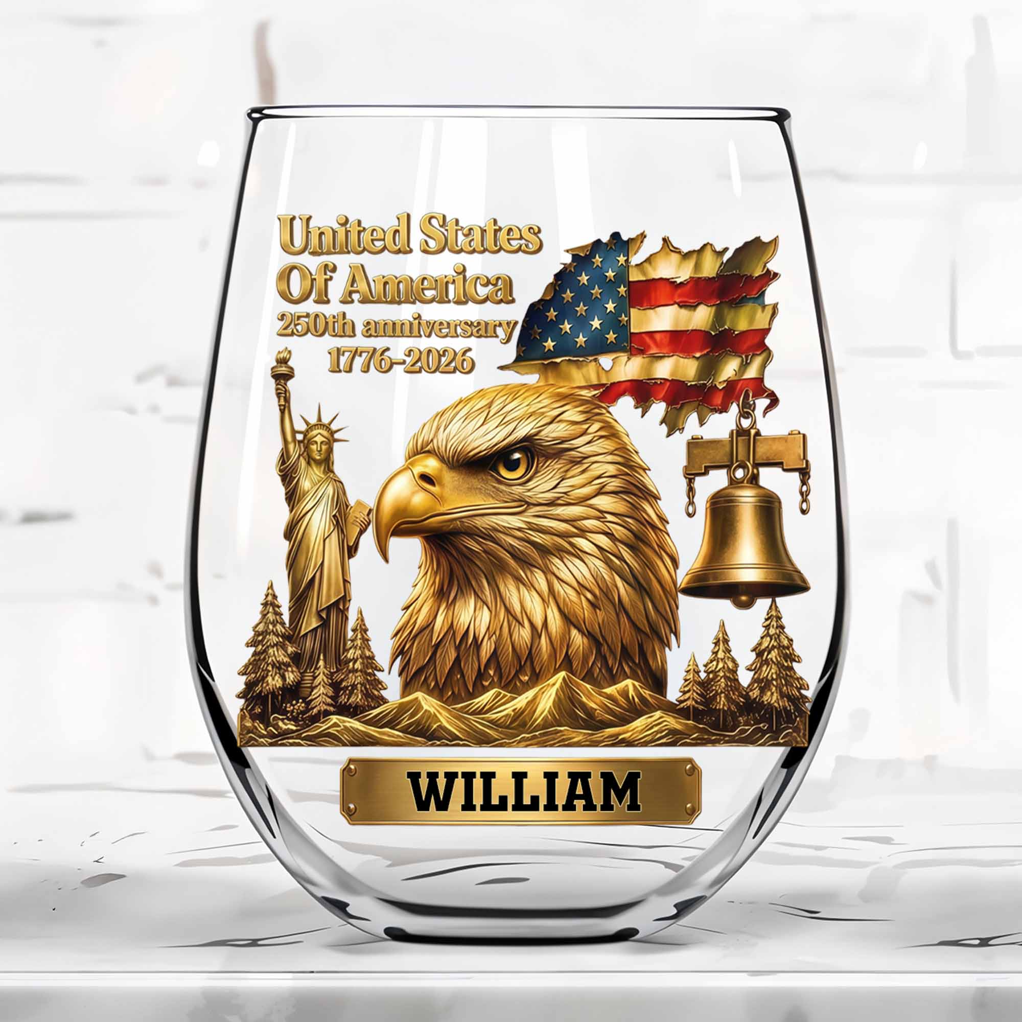 Personalized 15oz Stemless Wine Glass Eagle Flag Gift for Dad
