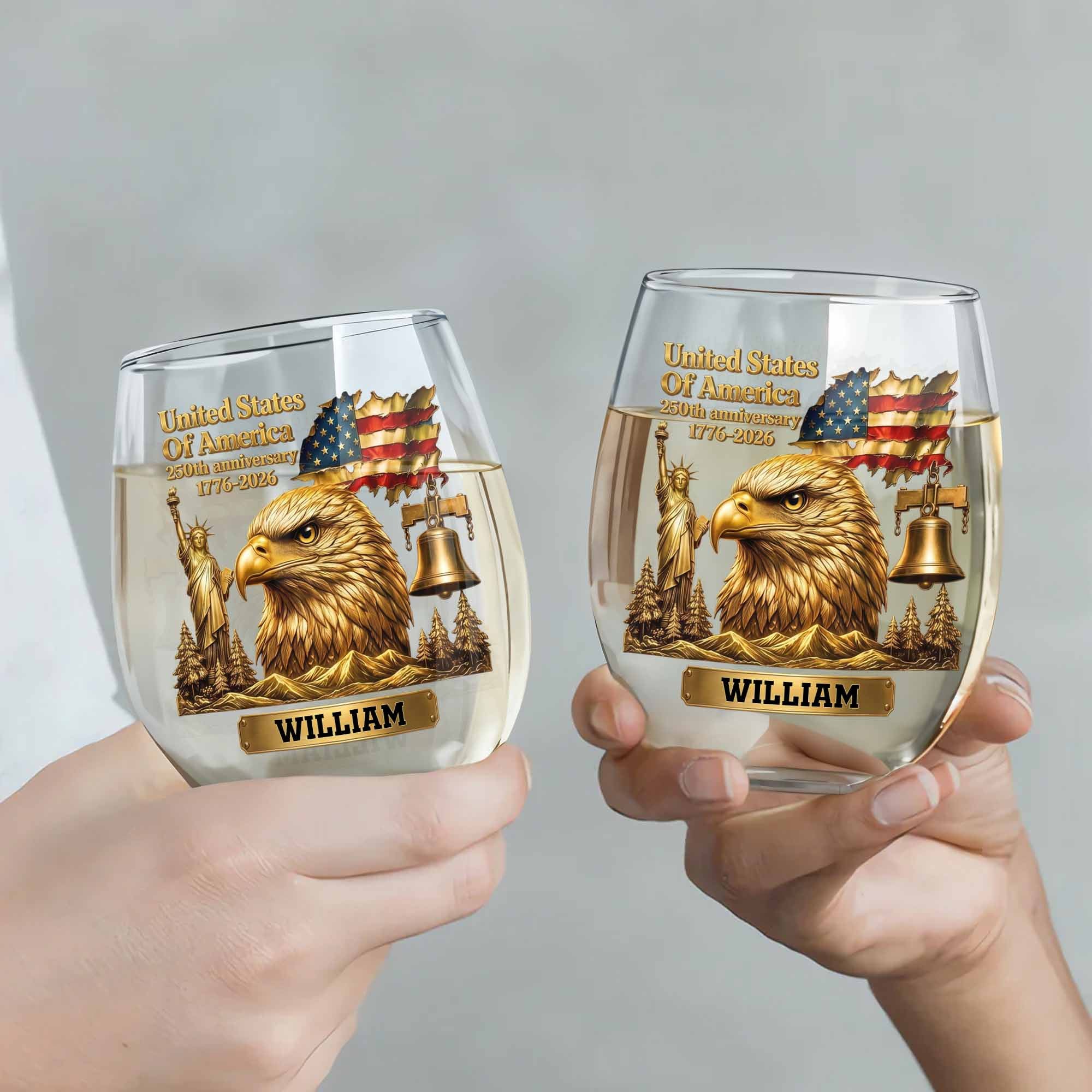 Personalized 15oz Stemless Wine Glass Eagle Flag Gift for Dad
