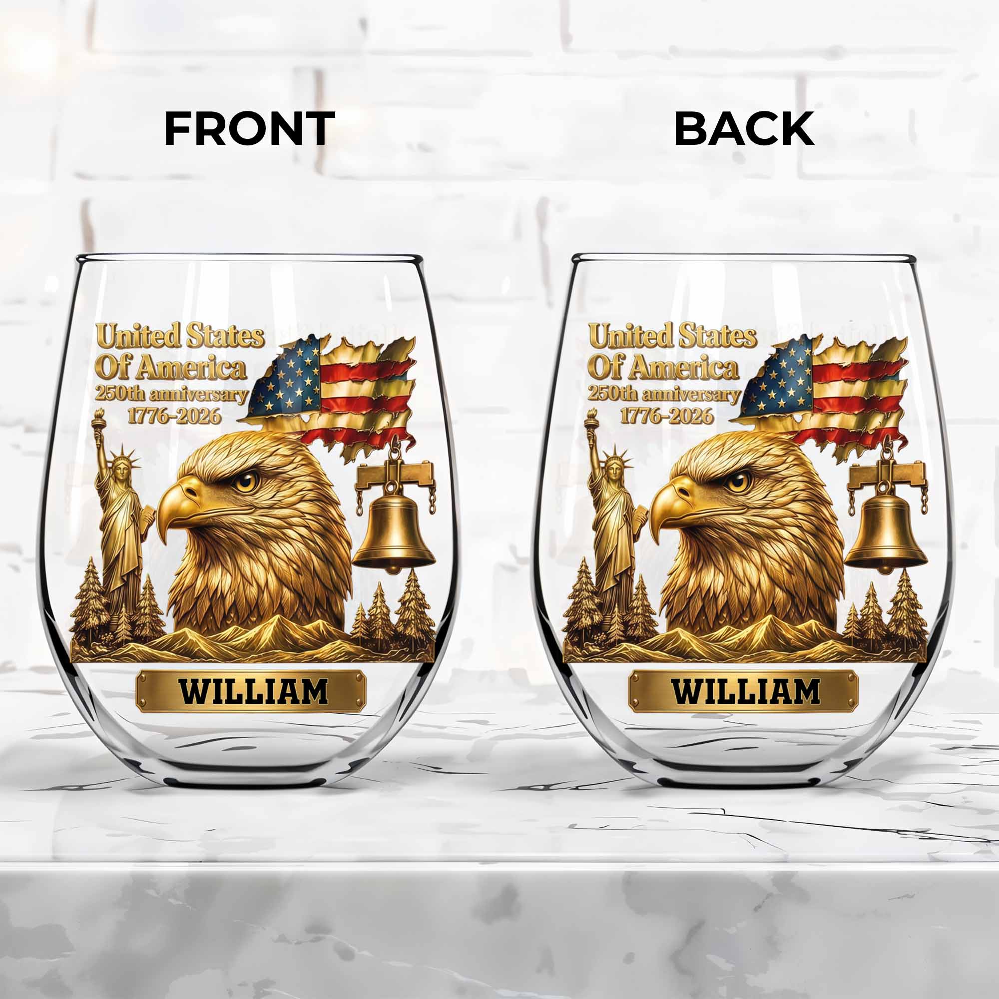 Personalized 15oz Stemless Wine Glass Eagle Flag Gift for Dad