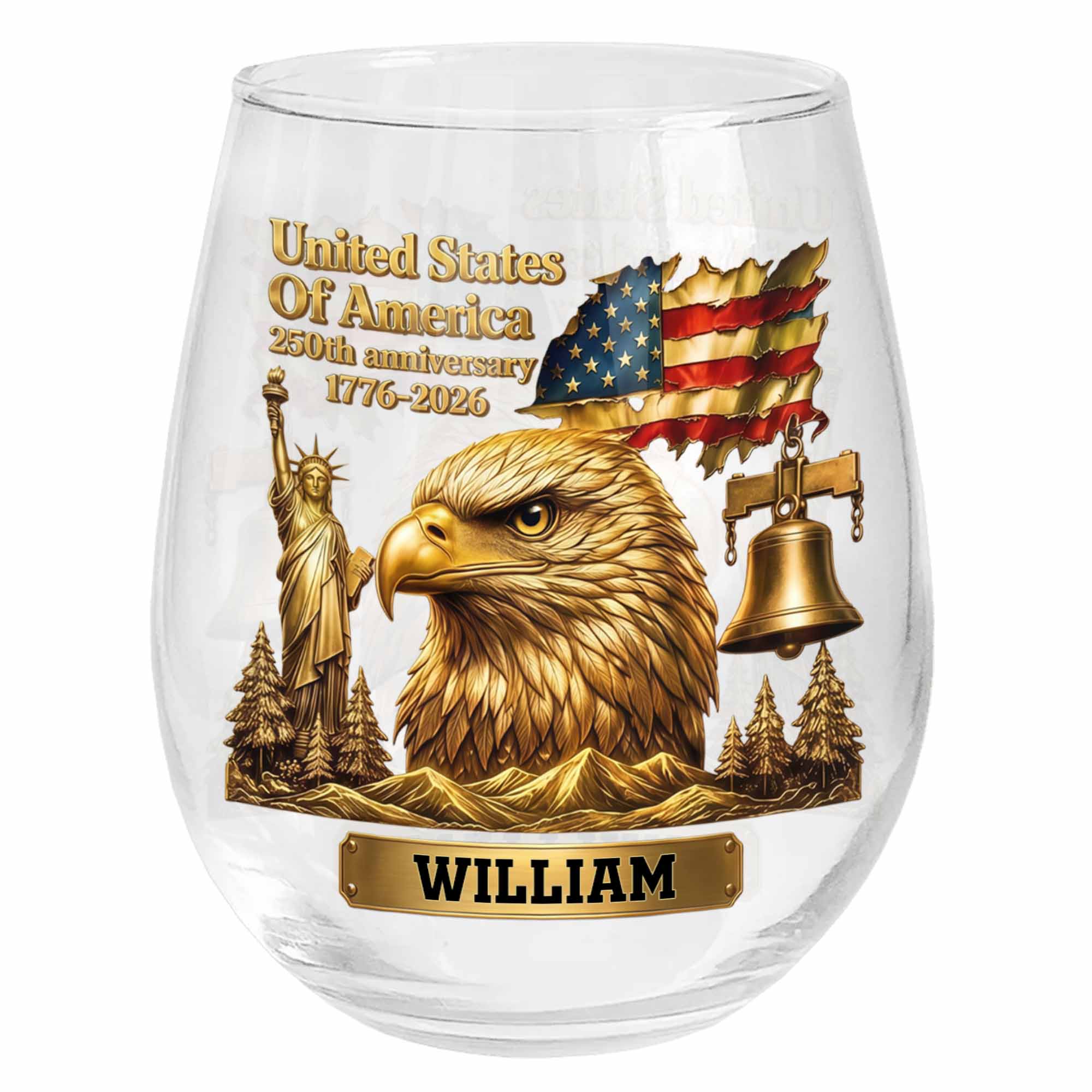 Personalized 15oz Stemless Wine Glass Eagle Flag Gift for Dad