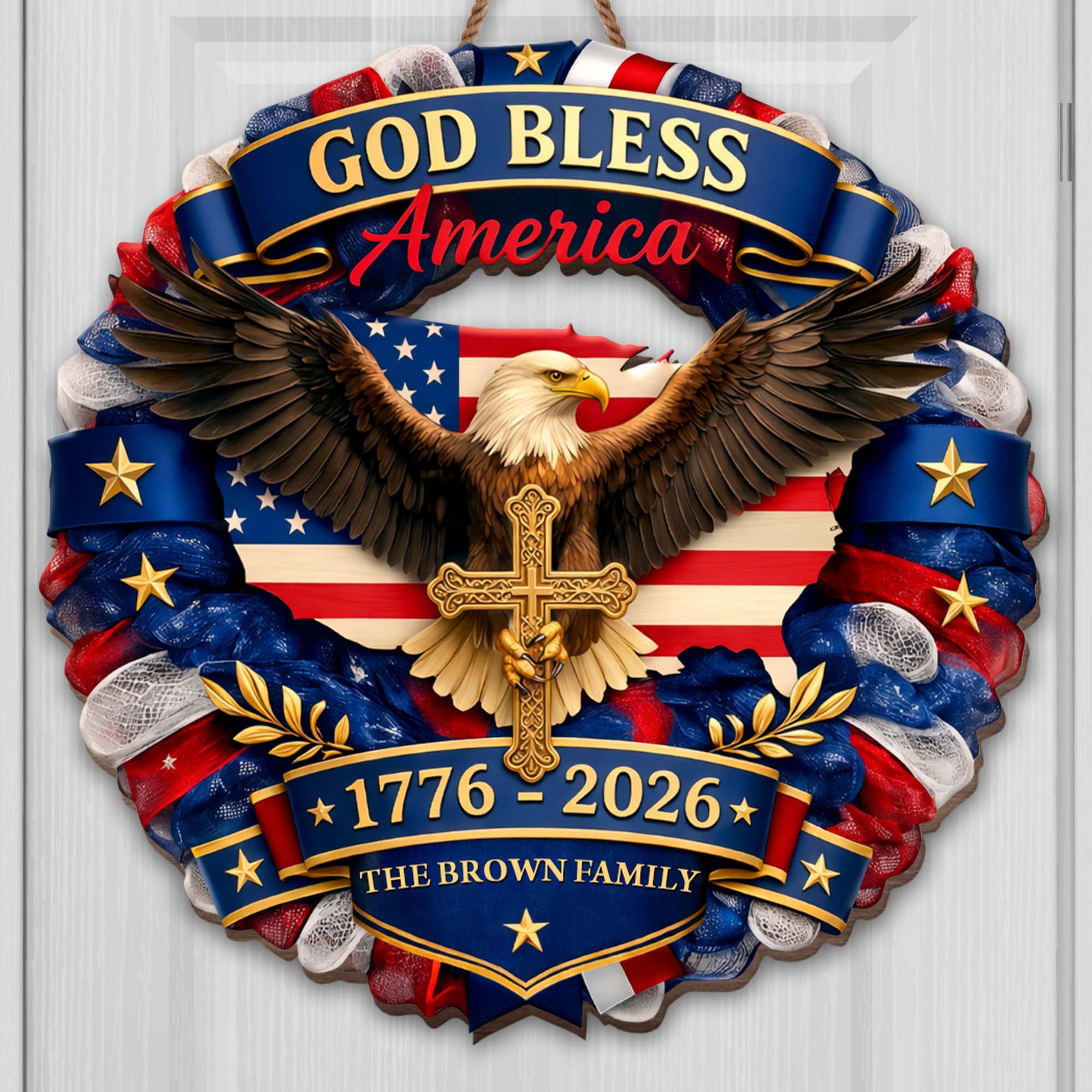 Custom Shaped Wood Sign with Eagle, American Flag & Cross - Personalized Family Gift for 4th of July