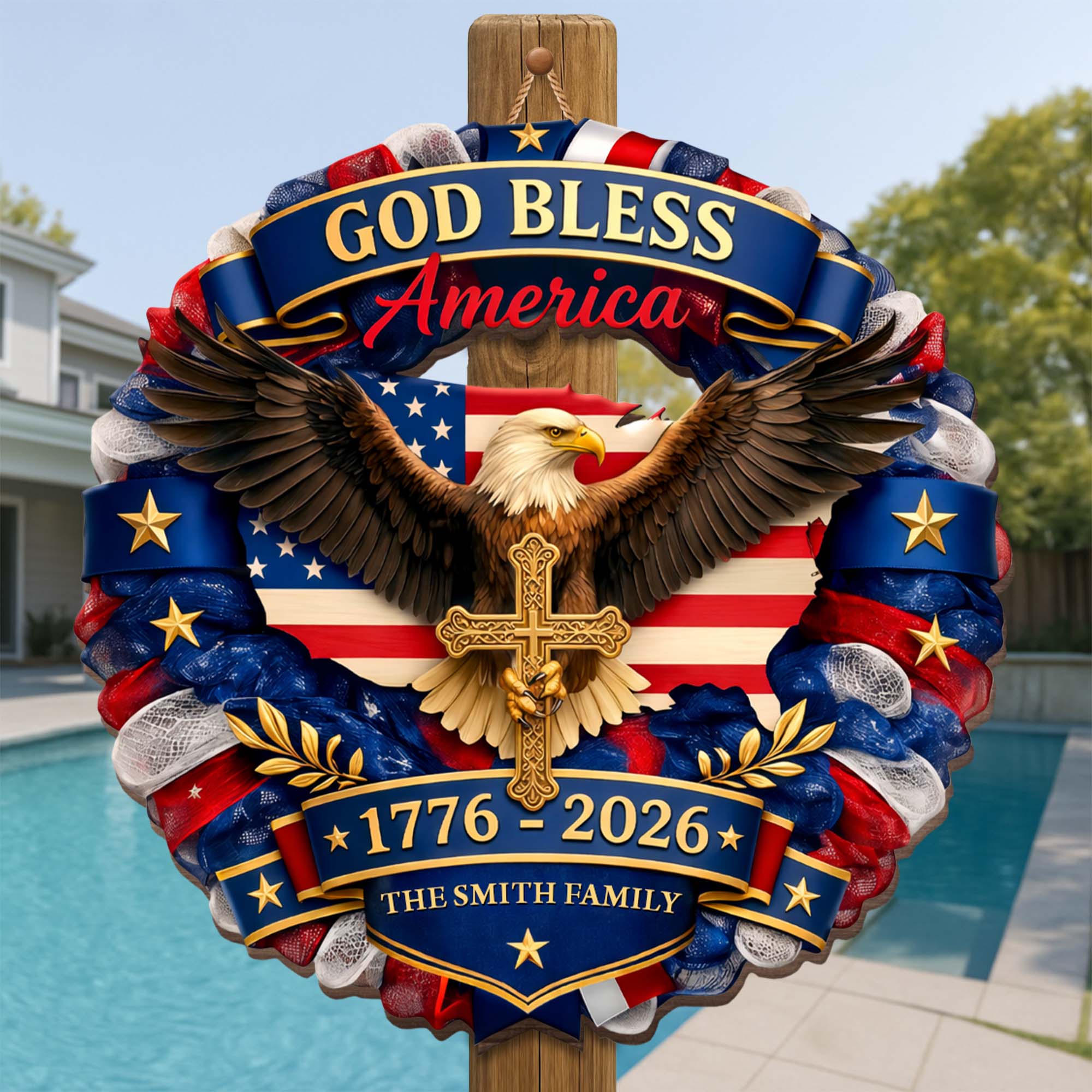 Custom Shaped Wood Sign with Eagle, American Flag & Cross - Personalized Family Gift for 4th of July