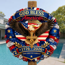 Load image into Gallery viewer, Custom Shaped Wood Sign with Eagle, American Flag &amp; Cross - Personalized Family Gift for 4th of July
