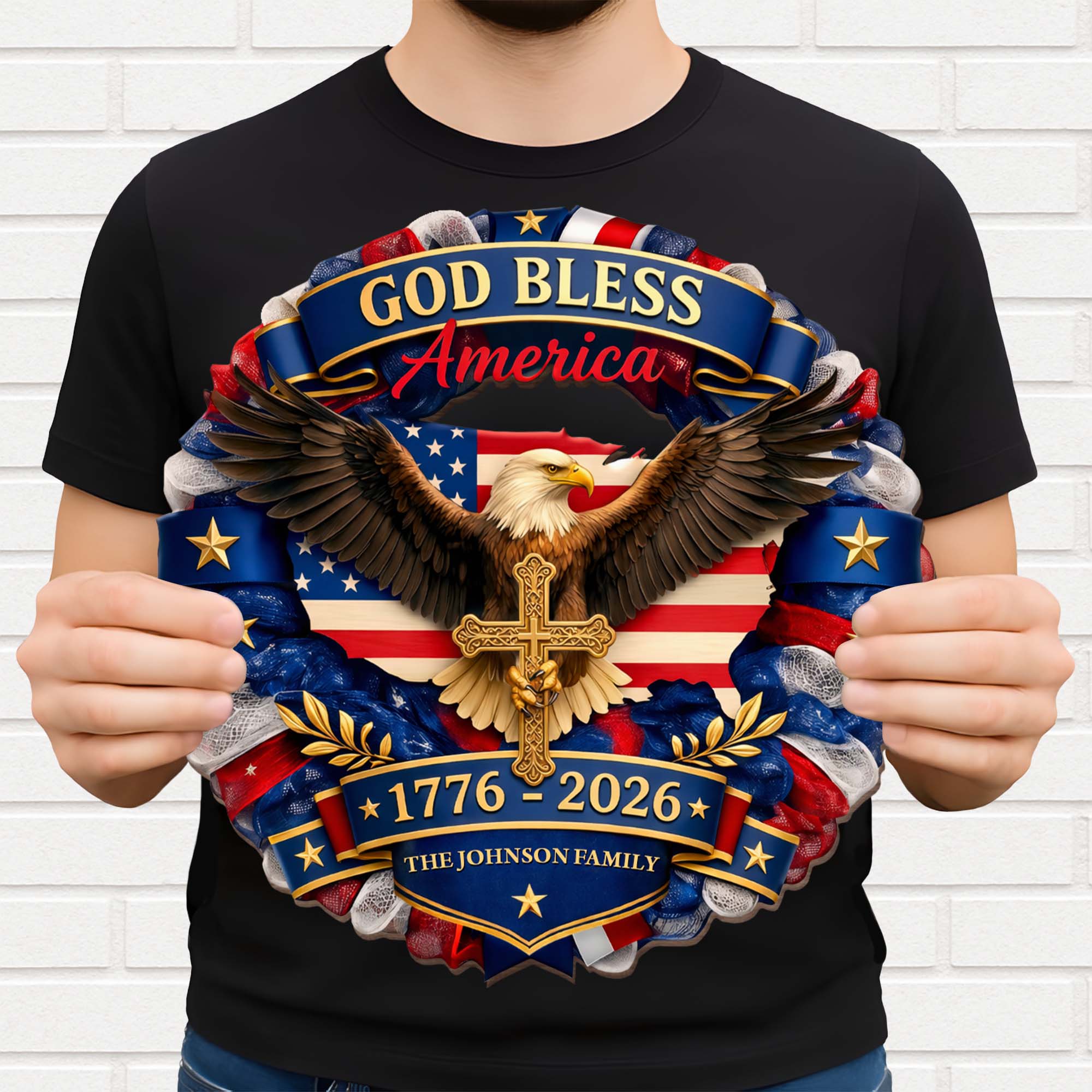 Custom Shaped Wood Sign with Eagle, American Flag & Cross - Personalized Family Gift for 4th of July