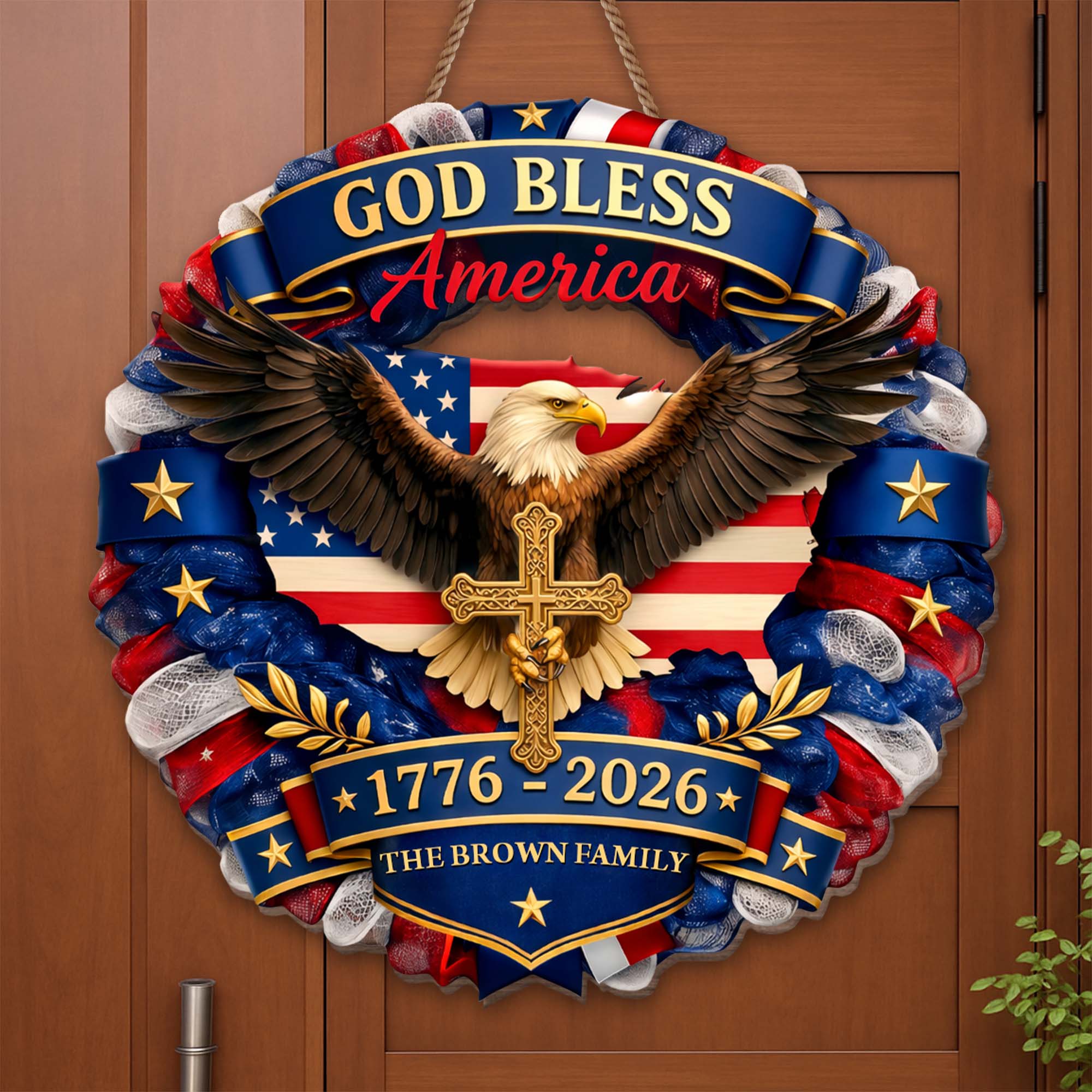 Custom Shaped Wood Sign with Eagle, American Flag & Cross - Personalized Family Gift for 4th of July