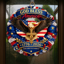 Load image into Gallery viewer, Custom Shaped Wood Sign with Eagle, American Flag &amp; Cross - Personalized Family Gift for 4th of July
