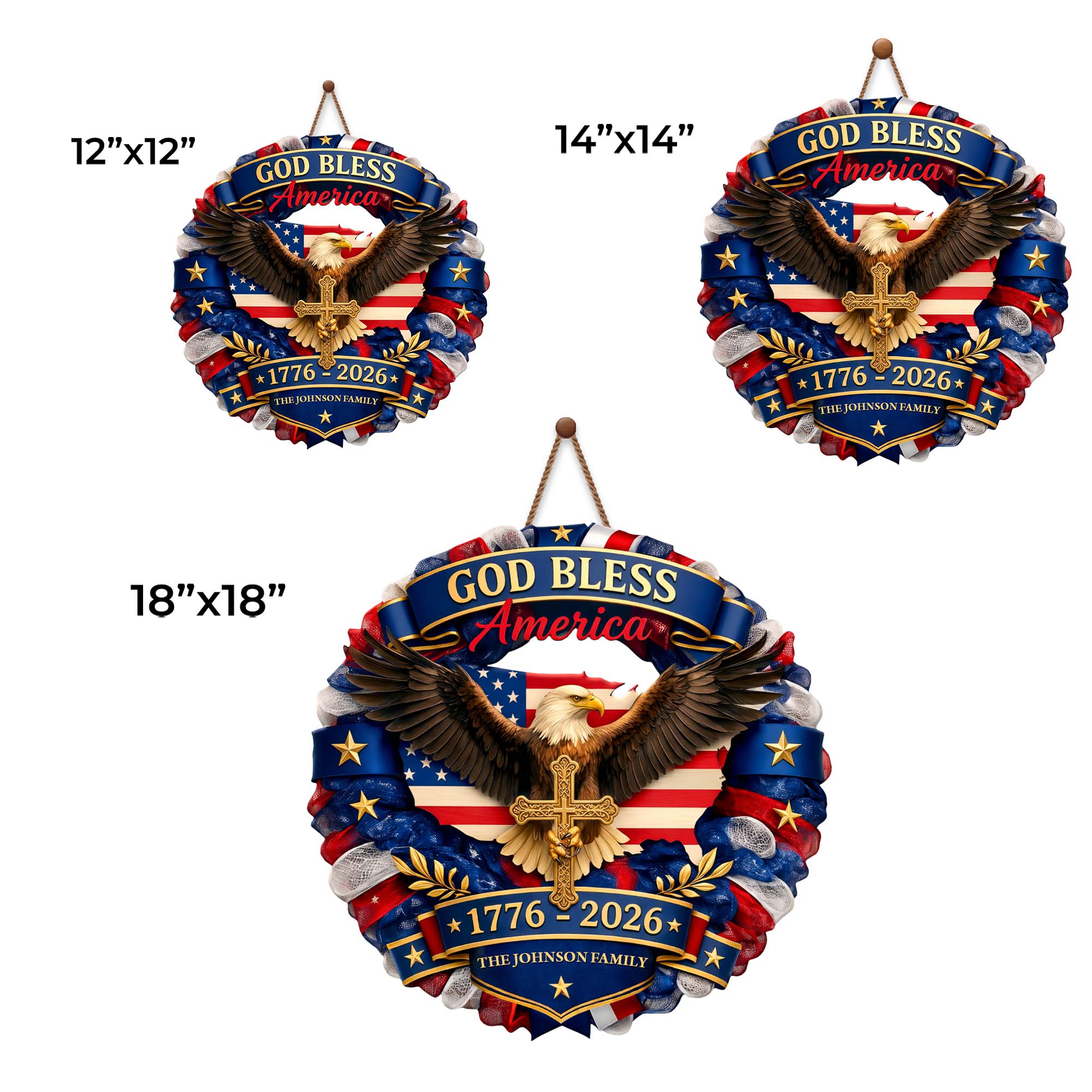 Custom Shaped Wood Sign with Eagle, American Flag & Cross - Personalized Family Gift for 4th of July