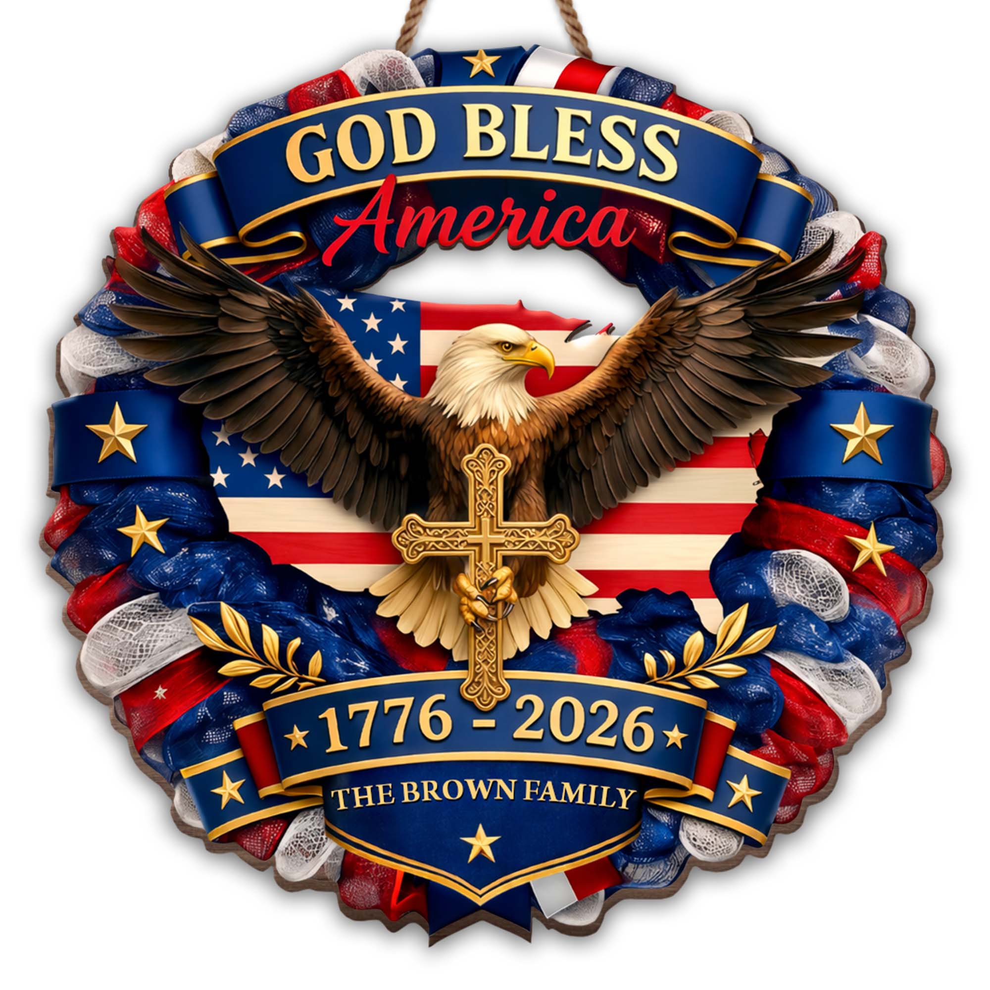 Custom Shaped Wood Sign with Eagle, American Flag & Cross - Personalized Family Gift for 4th of July