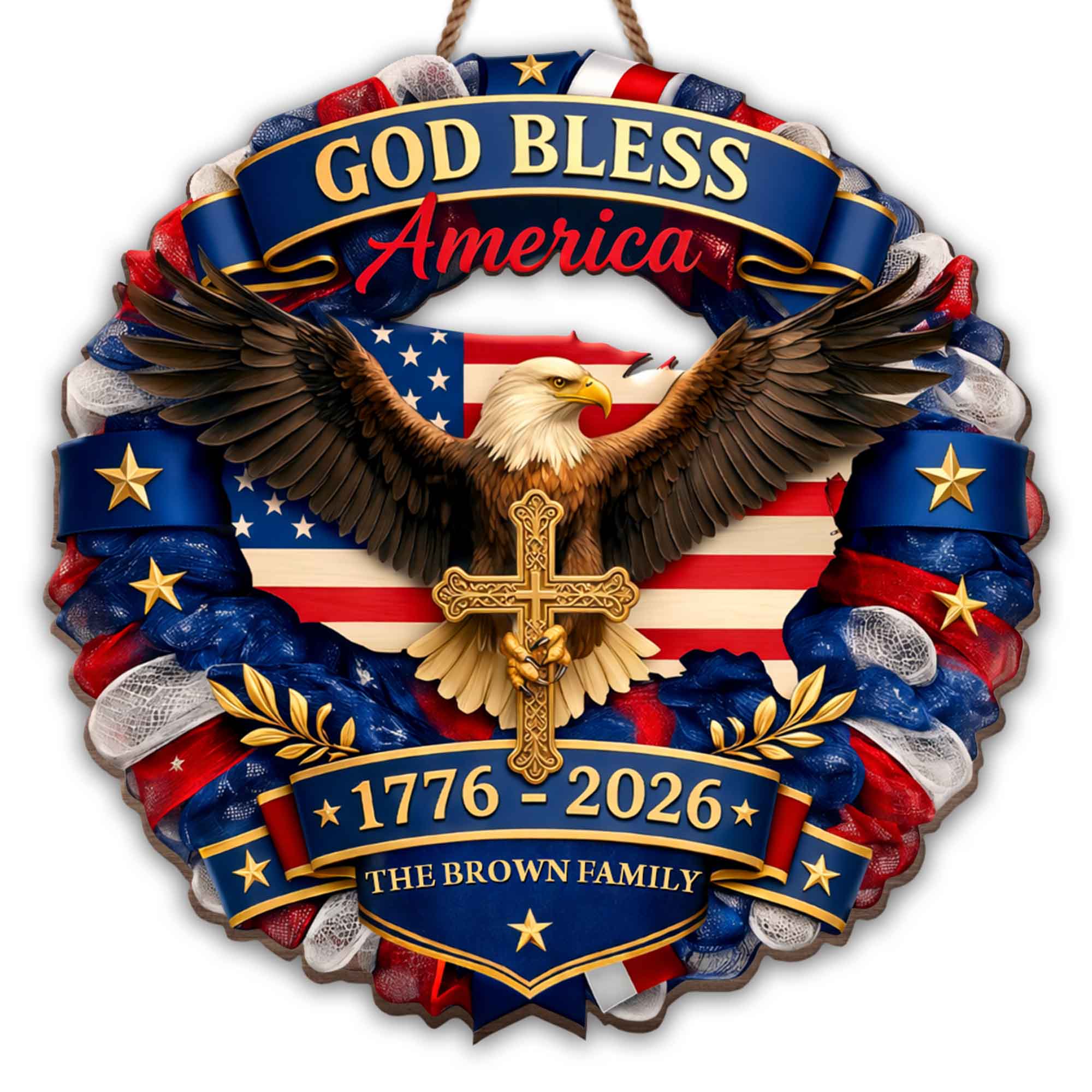Custom Shaped Wood Sign with Eagle, American Flag & Cross - Personalized Family Gift for 4th of July