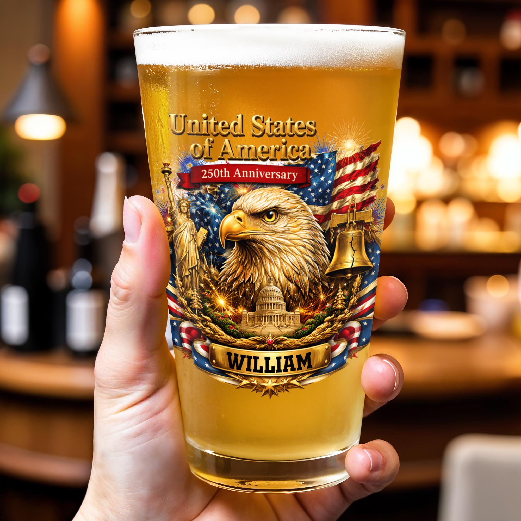 Personalized Custom Beer Glass USA Flag Eagle Gift for Dad