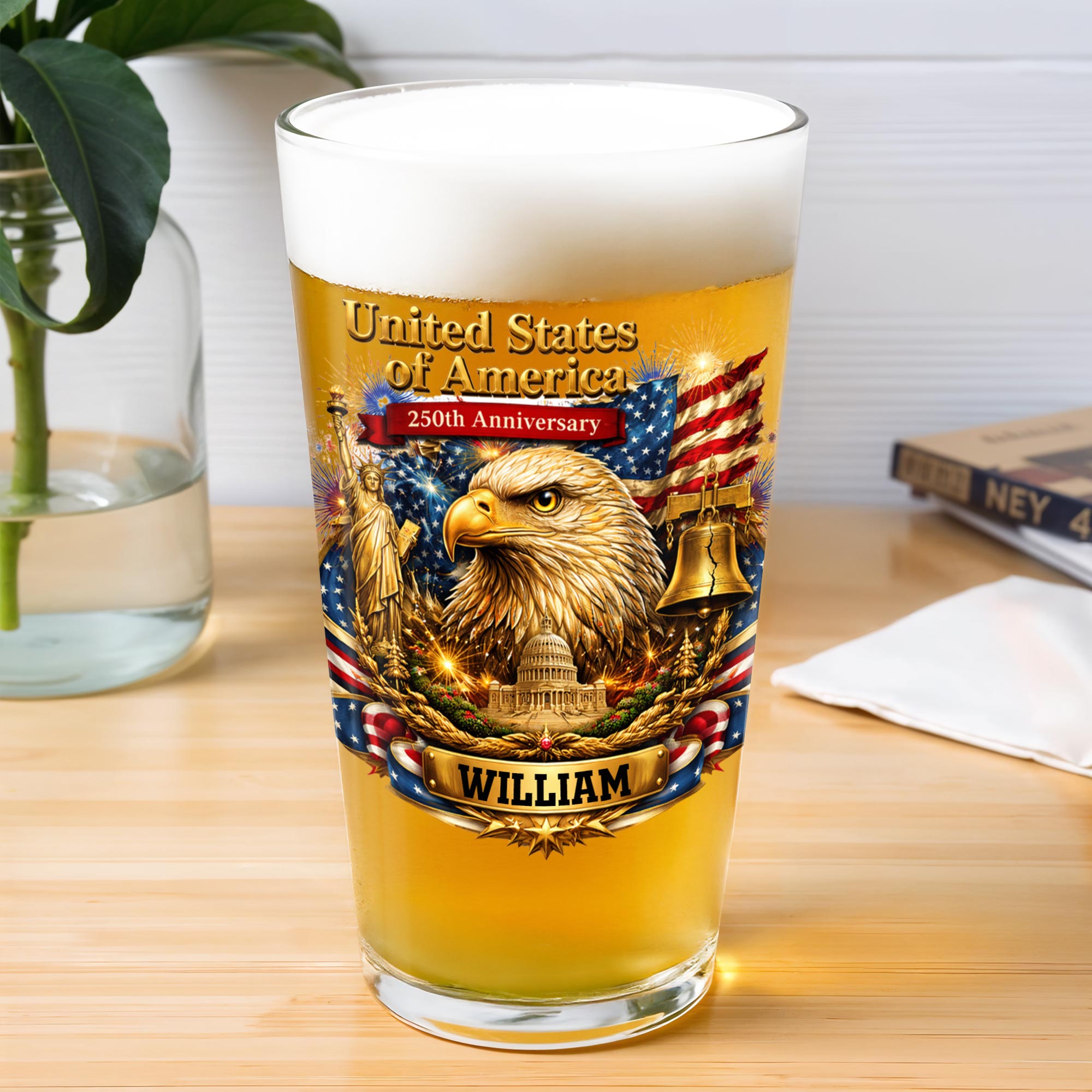 Personalized Custom Beer Glass USA Flag Eagle Gift for Dad