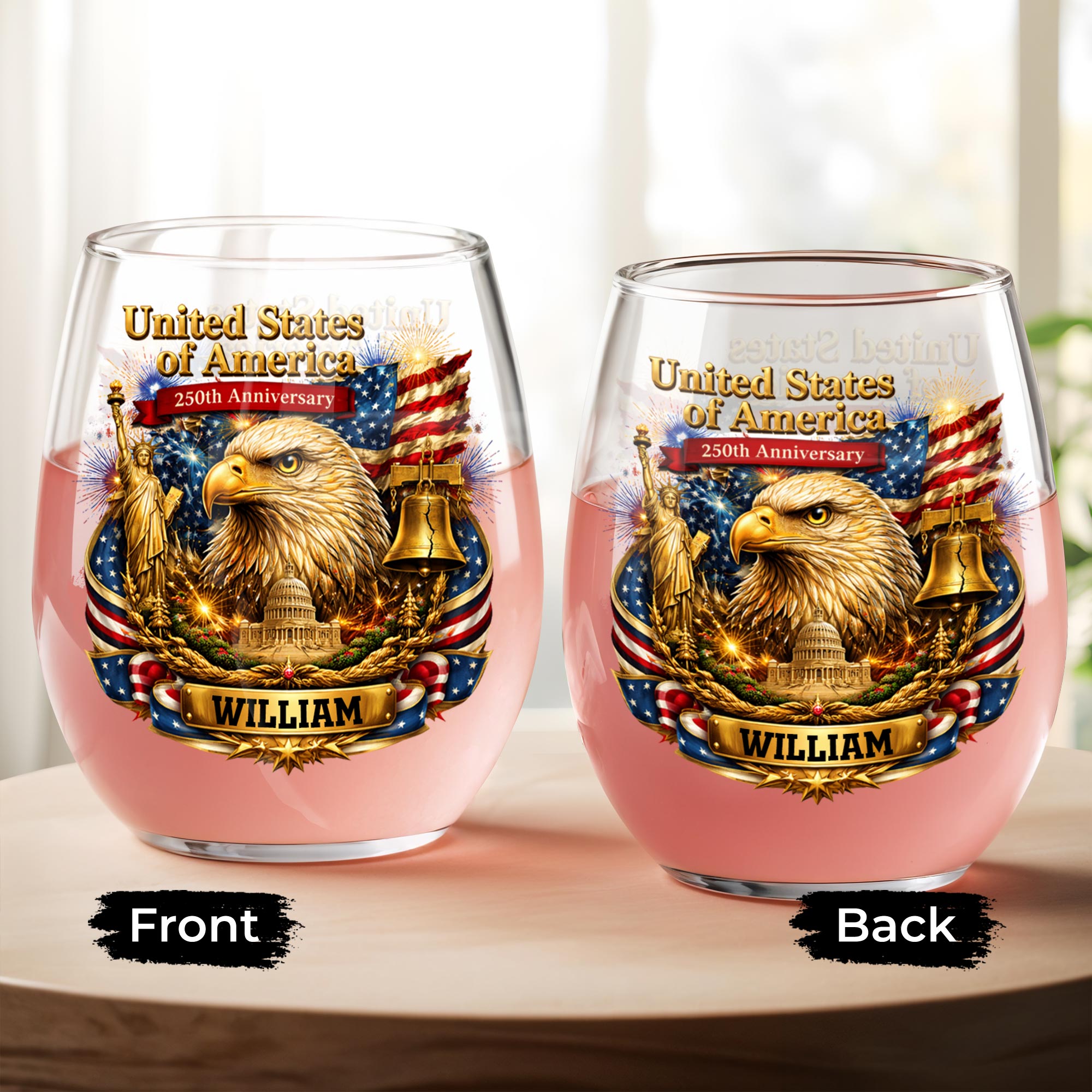 Personalized Stemless Wine Glass USA Flag Custom Name Gift