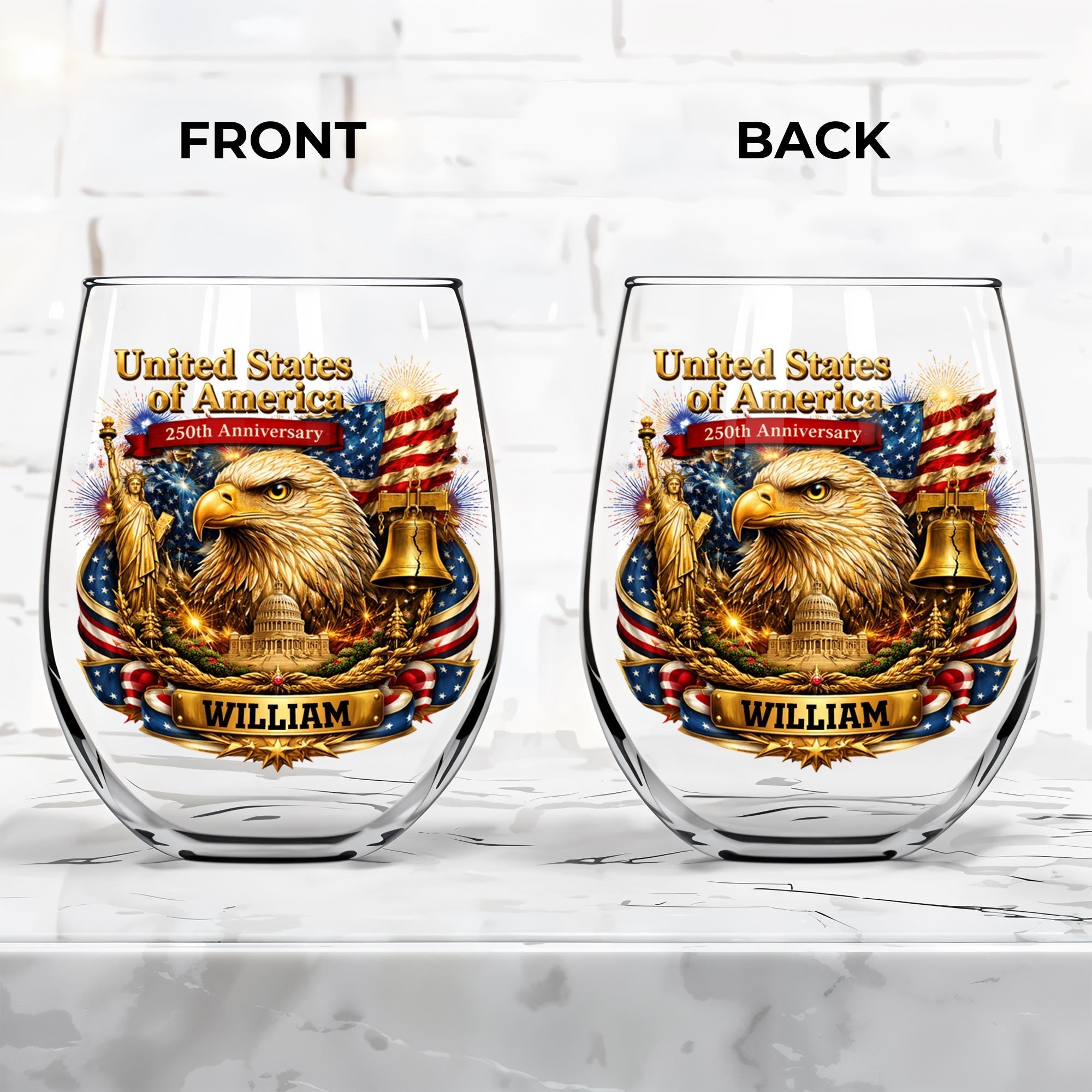 Personalized Stemless Wine Glass USA Flag Custom Name Gift