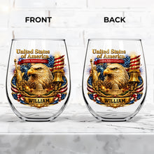Load image into Gallery viewer, Personalized Stemless Wine Glass USA Flag Custom Name Gift
