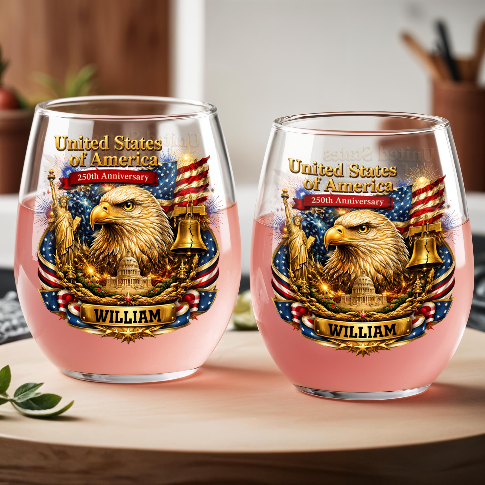 Personalized Stemless Wine Glass USA Flag Custom Name Gift