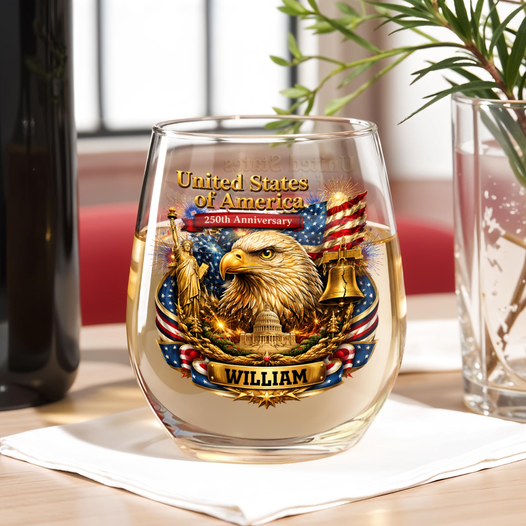 Personalized Stemless Wine Glass USA Flag Custom Name Gift