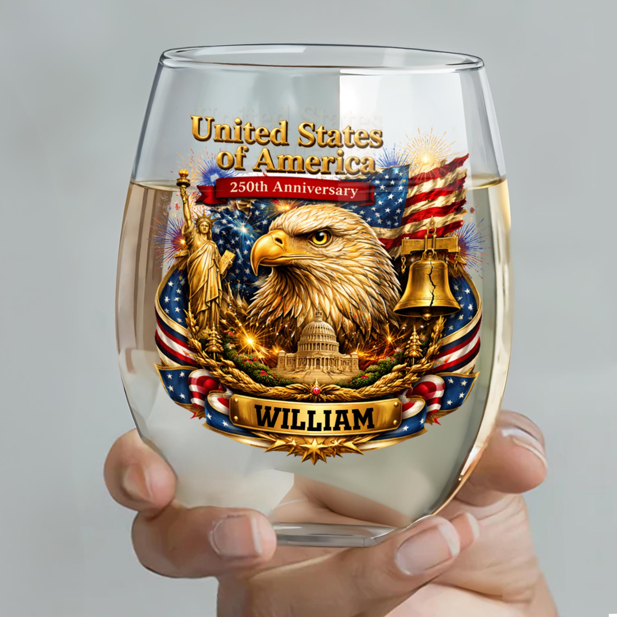 Personalized Stemless Wine Glass USA Flag Custom Name Gift