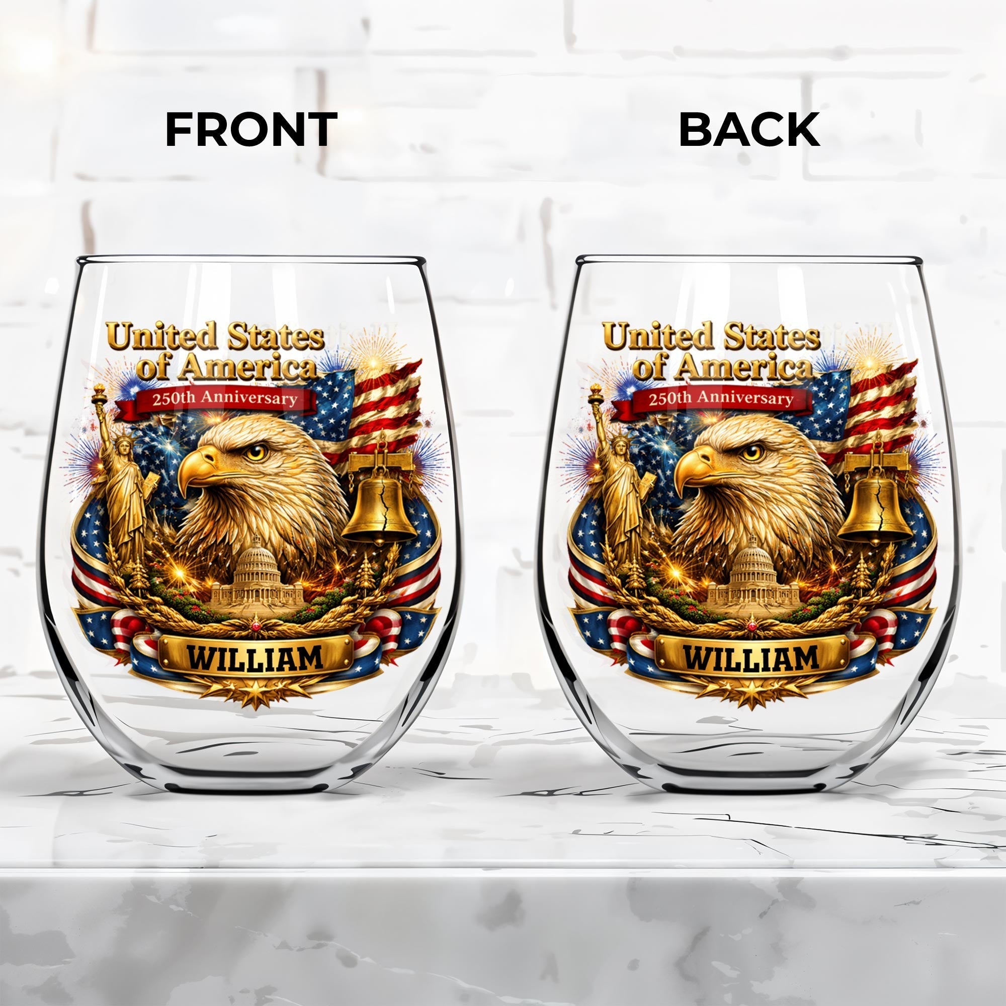Personalized Stemless Wine Glass USA Flag Custom Name Gift