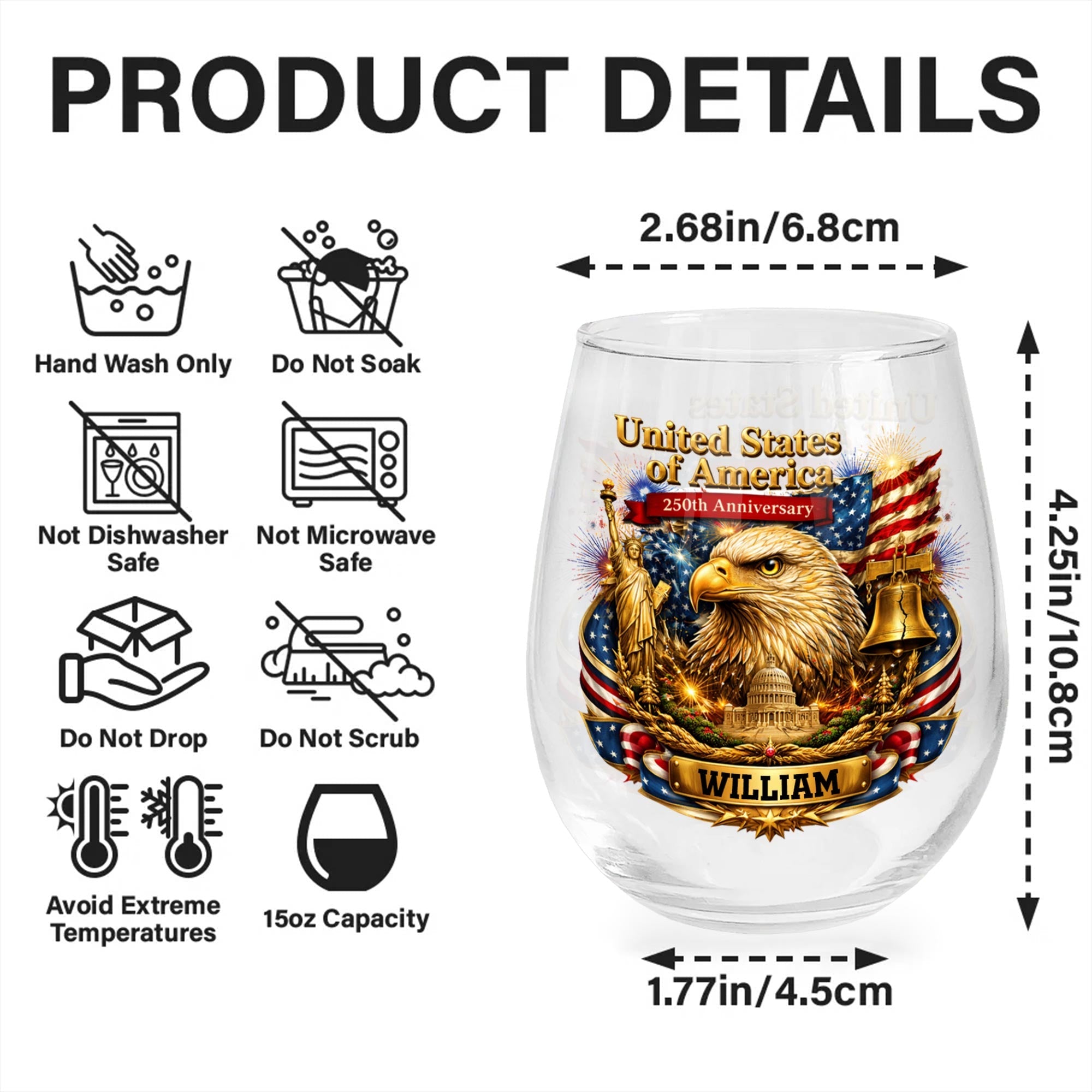 Personalized Stemless Wine Glass USA Flag Custom Name Gift